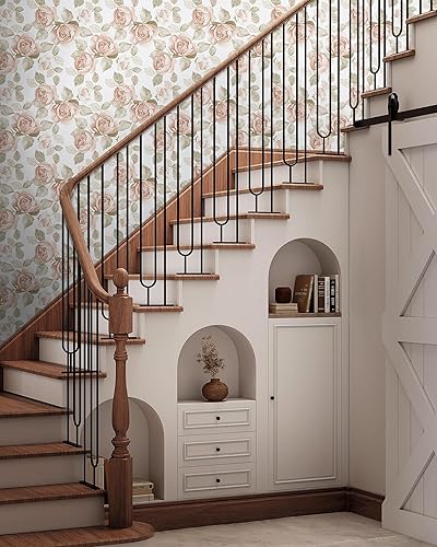 Miniatura 5 de Papel tapiz floral de 16.1 x 197 pulgadas, papel tapiz de contacto con flores, diseño de hojas de rosas rosa claro, papel autoadhesivo extraíble