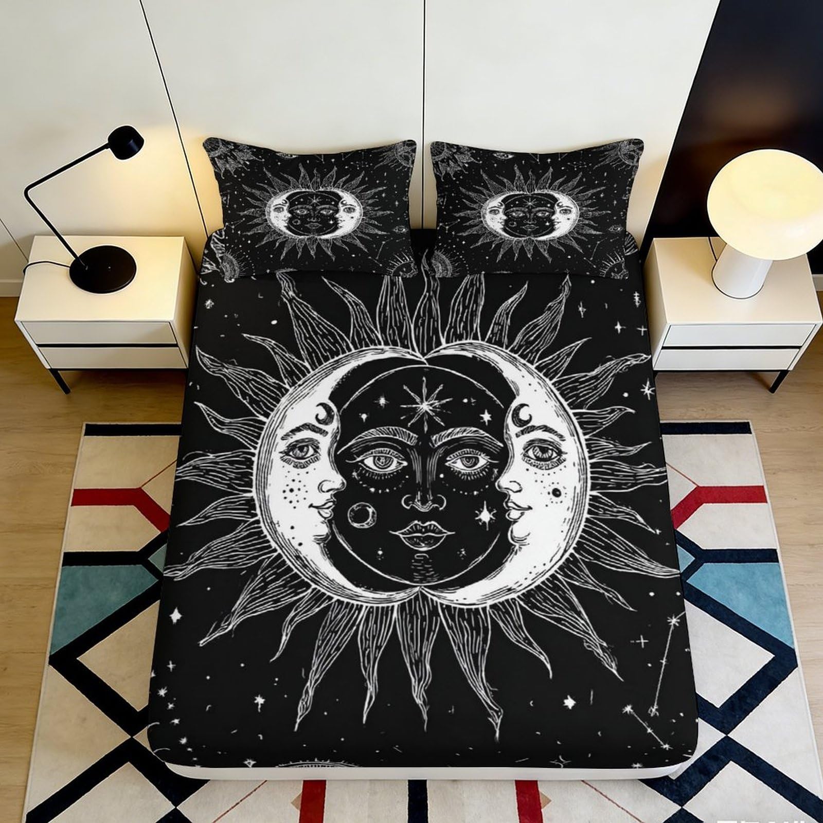 3D Printed Sun Moon Fitted Sheet Microfiber Soft Breathable Celestial Bed Cover for Bedroom Dormitory Guest Room Mattress Protection Decor 180x200x25cm