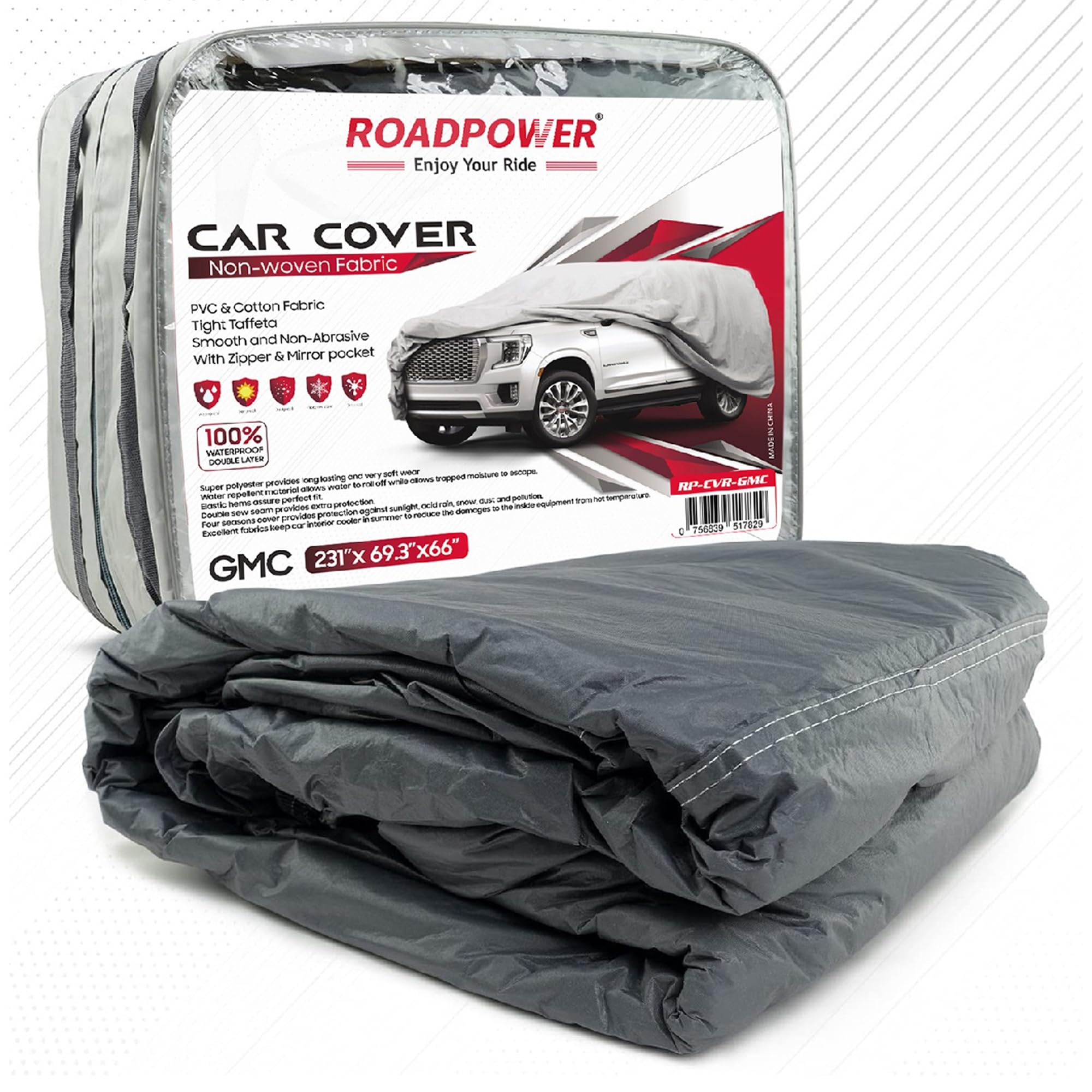 ROADPOWER zipper Car Cover with Mirror Pocket for All Weather Waterproof Windproof Dustproof Full Covers PVC & Cotton Fabric Tight Taffeta smooth Non-Abrasive (GMC, 231''X 69.3''X 66'')
