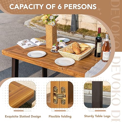 Miniatura 6 de Devoko Home Mesa de Comedor de Madera de Acacia para 6 Personas Mesa de Interior y Exterior con Patas de Hierro, Acabado Arenado, Teñido Natural,