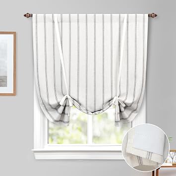 DriftAway Farmhouse Double Layer Linen Blackout Tie Up Curtains Thermal Insulated Vertical Striped Fully Lined Balloon Roman Shade Bathroom Window Adjustable Rod Pocket 45 Inch by 63 Inch Gray