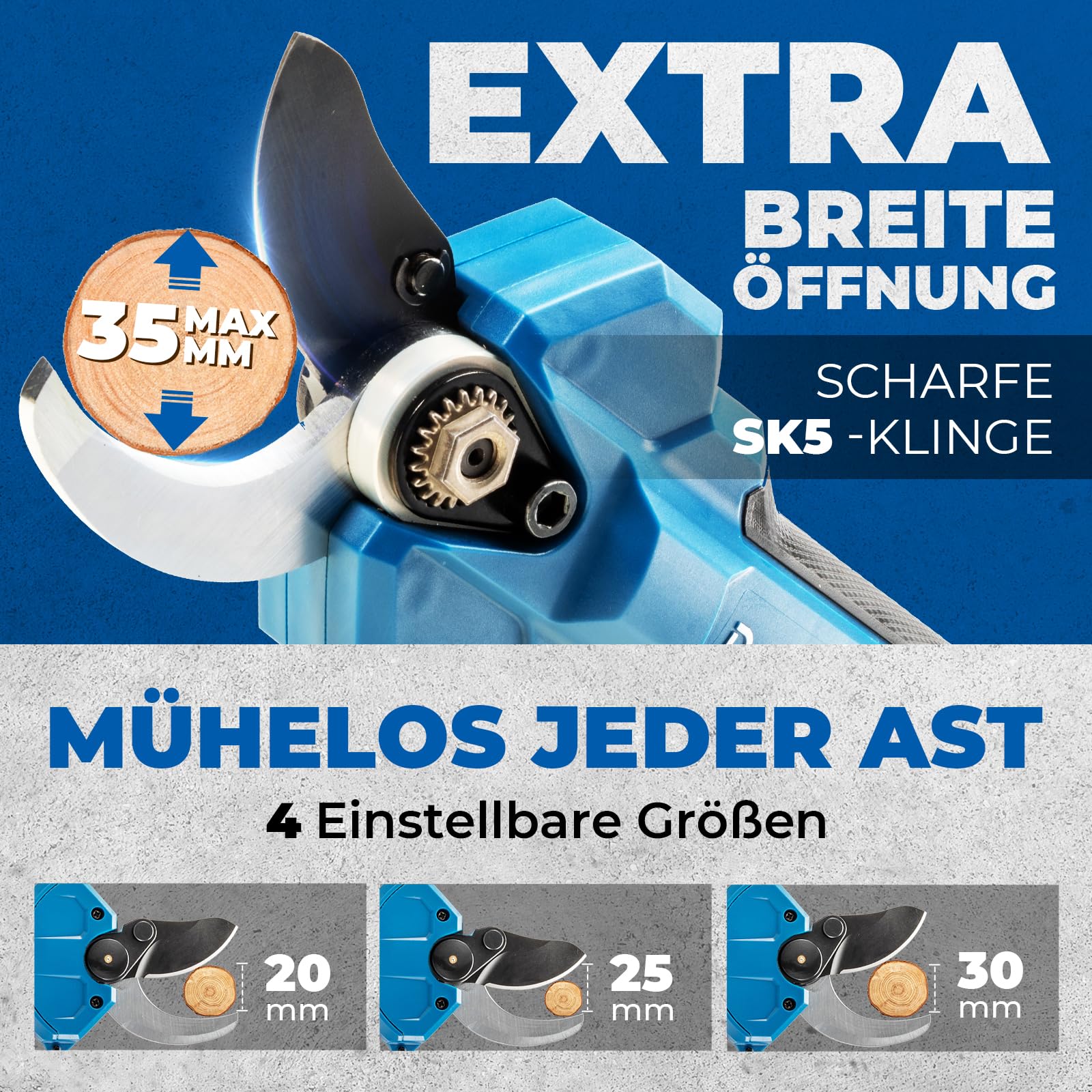 Dong Cheng Akku Astschere mit 2x 2,0Ah Akkus, Bürstenloser Motor, 4 Gänge bis 35 mm, 20V Akku Gartenschere, SK5-Klinge - für Obstbäume, Gartenpflege, Sträucher
