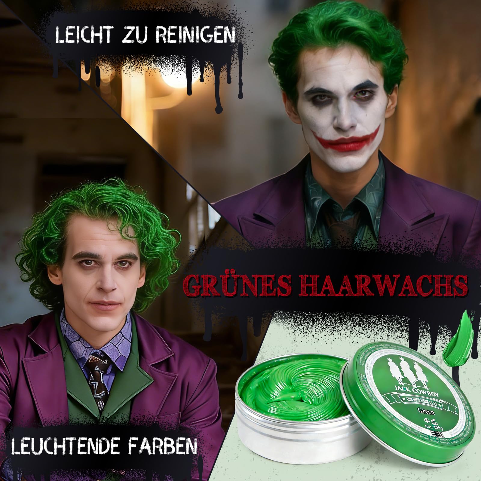 Joker Kostüm Herren, Killer Joker Outfit Herren Horror Clown Kostüm Erwachsener Set mit Lila Mantel, Grüne Weste, Hose, Krawatte, Falschem Hemdkragen und Handschuhen für Halloween