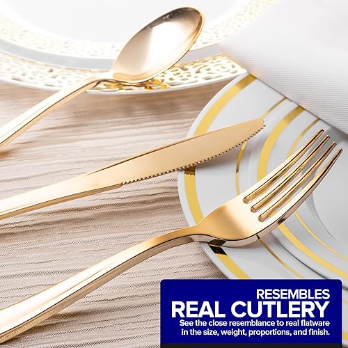 Miniatura 4 de Juego de cubiertos de plástico resistente (dorado) de 75 piezas, juego de cubiertos desechables, ideal para fiestas, bodas y catering, cubiertos
