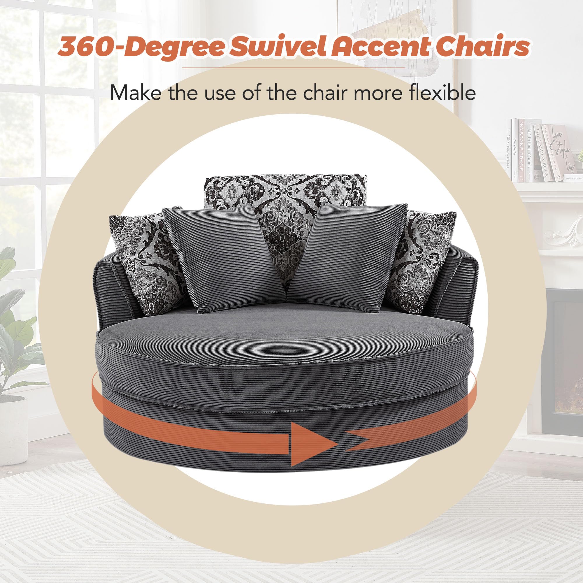 ERYE 51.5" W Oversized Accent Barrel Chair 360°Swivel Round Sofa&Chair ...