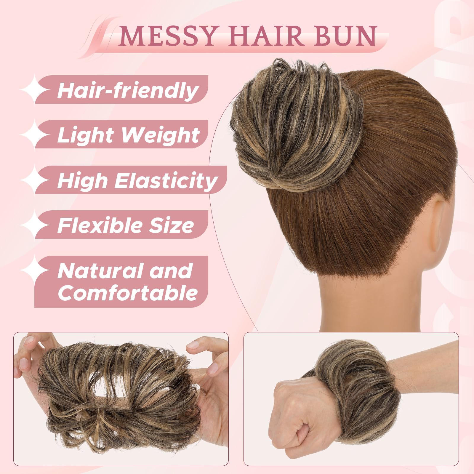 SEGO Pro Real Human Hair Messy Bun Scrunchie, Donut Bun Hair Piece for Women - Straight, 1B/27 Natural Black & Dark Blonde, Pack of 1 - Image 3
