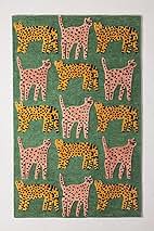 Premium Catwalk Wool Area Rug - Handmade, Animal Print with Elegant Walking Cat Design, Non-Shedding & Thick - Perfect for Living Room, Bedroom, Dining Room and Kitchen Decor (Green, 5' x 8')