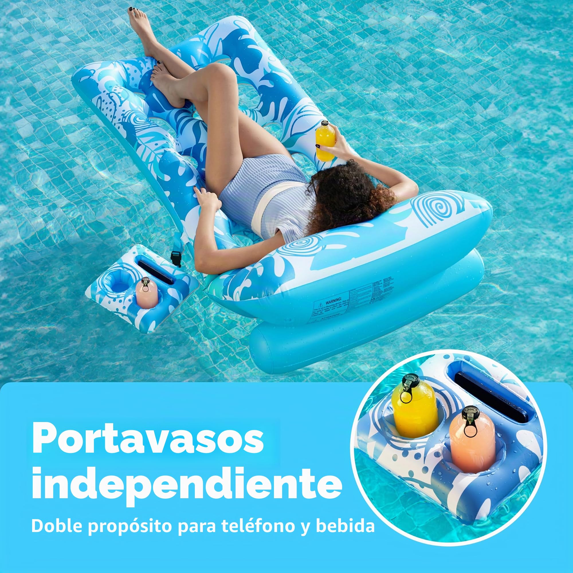 SLOOSH Flotador Inflable para Piscina para Adultos, Flotador Diseño de Hojas Tropicales, Silla Flotante con Respaldo Ajustable, Portavasos, Flotador para Tomar el Sol en la Piscina, Playa o Lago