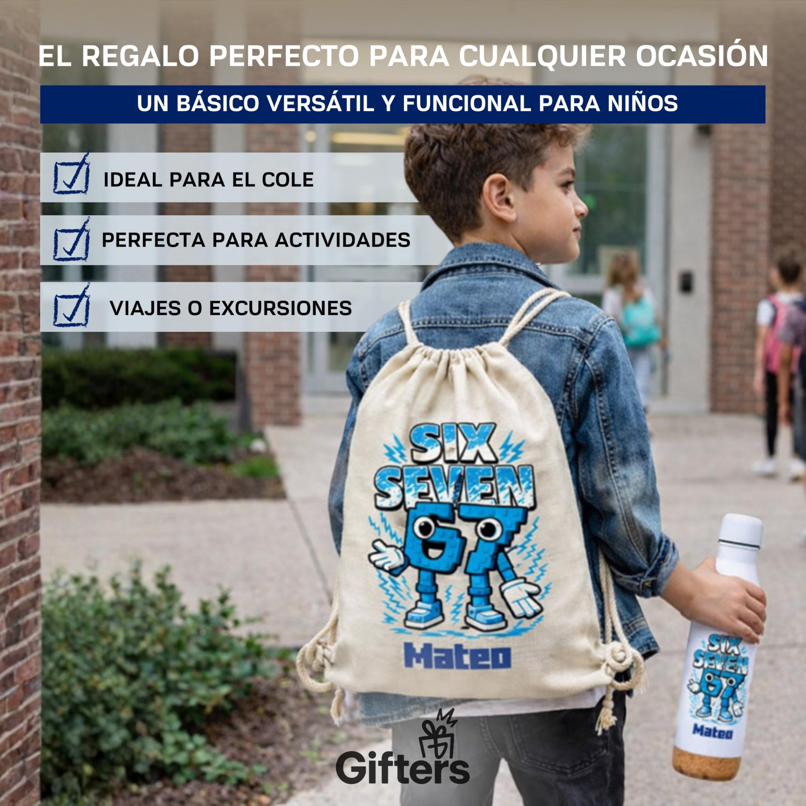 Gifters | Pack Regalo Personalizado Niño SIX SEVEN | Mochila de Cuerdas + Termo + Taza con Nombre | Kit Escolar Infantil | Regalo Original Niño, Cumpleaños, Navidad y Comunión | Pack Vuelta al Cole