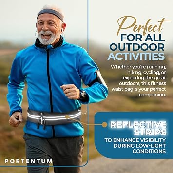 PORTENTUM Running Belt with Waterproof Adjustable Elastic Strap, Unisex Sweatproof waistpacks with Large Capacity, Perfect for Running and Outdoor Activities