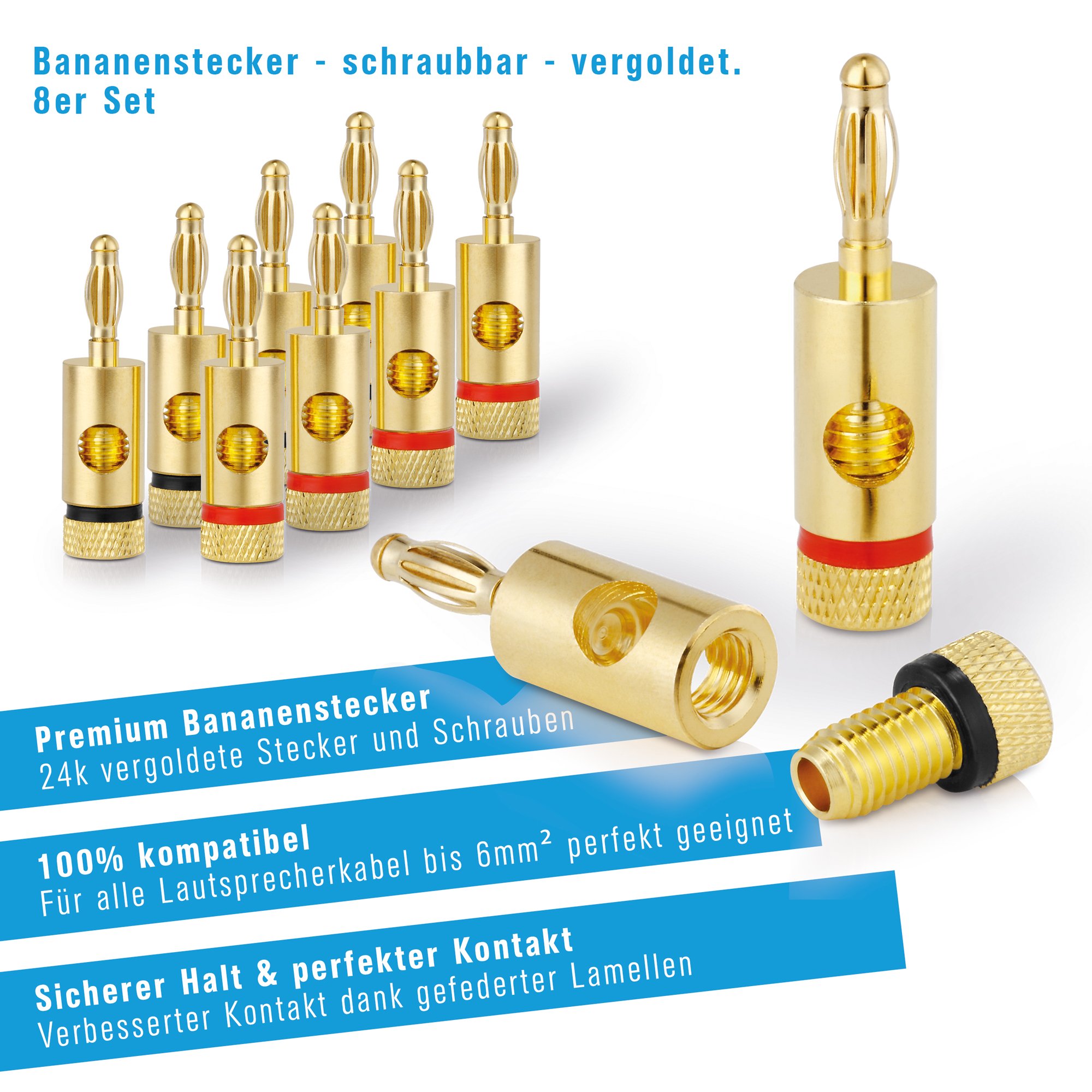 4 Stuks 8,7 Mm Banaanstekkers - 24K Vergulde Bannan-stekker Dubbele Schroeven Vergrendelende Banaan-audioconnector voor Luidspreker, Versterkers, A/V-ontvangers, Eindversterkers, Enz