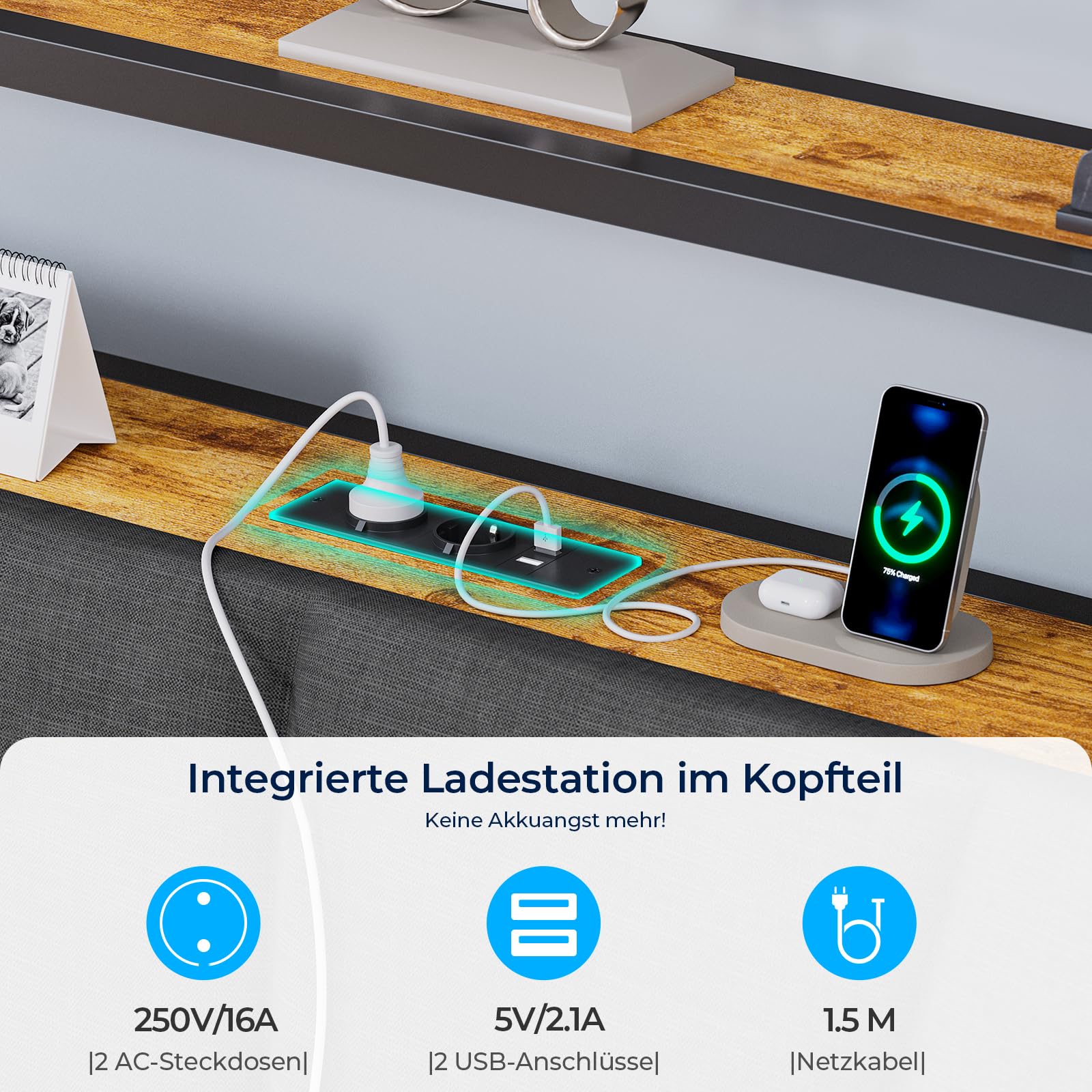 Brinlawb Bett 140x200 mit Stauraum, Lattenrost aus Metall, Bettgestell 140x200 cm mit LED & Ladestation (2 AC-Steckdosen & 2 USB-Anschlüsse), Jugendbett Doppelbett mit 2 großen Schubladen, Grau