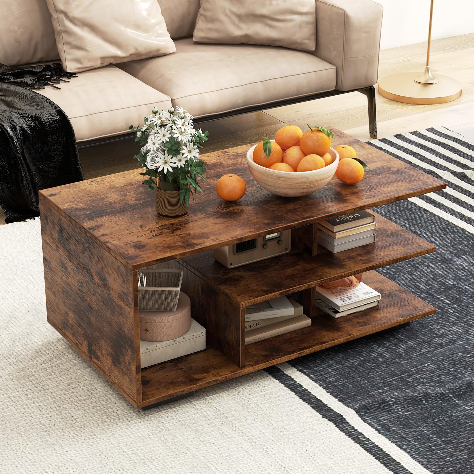 GIANTEX Mesa de Centro con Estantes Abiertos, 90 x 50 x 42 cm, Mesa de Café con Estante Central en Forma de L, Mesa de Té Rectangular de 3 Niveles, para Salón, Oficina (Marrón Rústico)