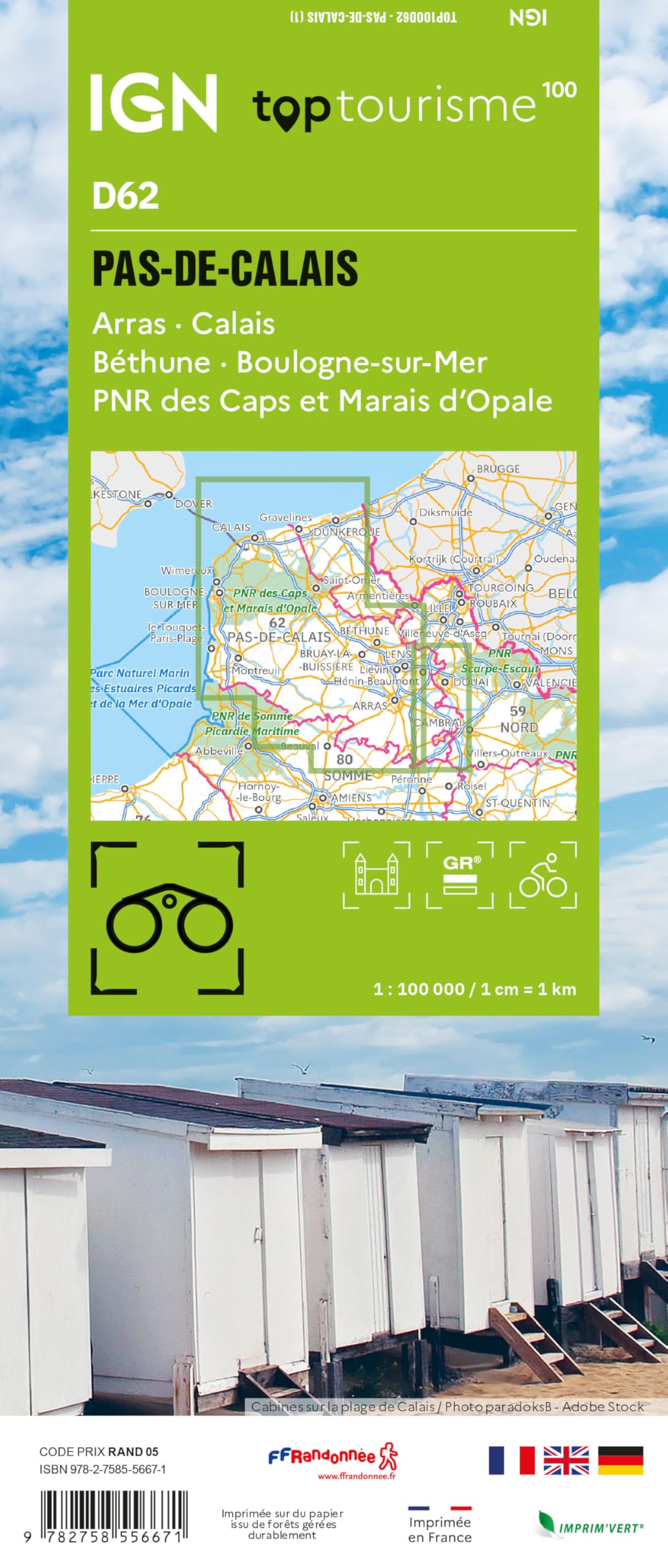 Pas-de-Calais Arras Calais Béthune Boulogne-sur-Mer (D62): PAS-DE-CALAIS - ARRAS - CALAIS - BÉTHUNE - BOULOGNE-SUR-MER - PNR DES CAPS ET MARAIS D'OPALE 1:100000 (TOP 100)