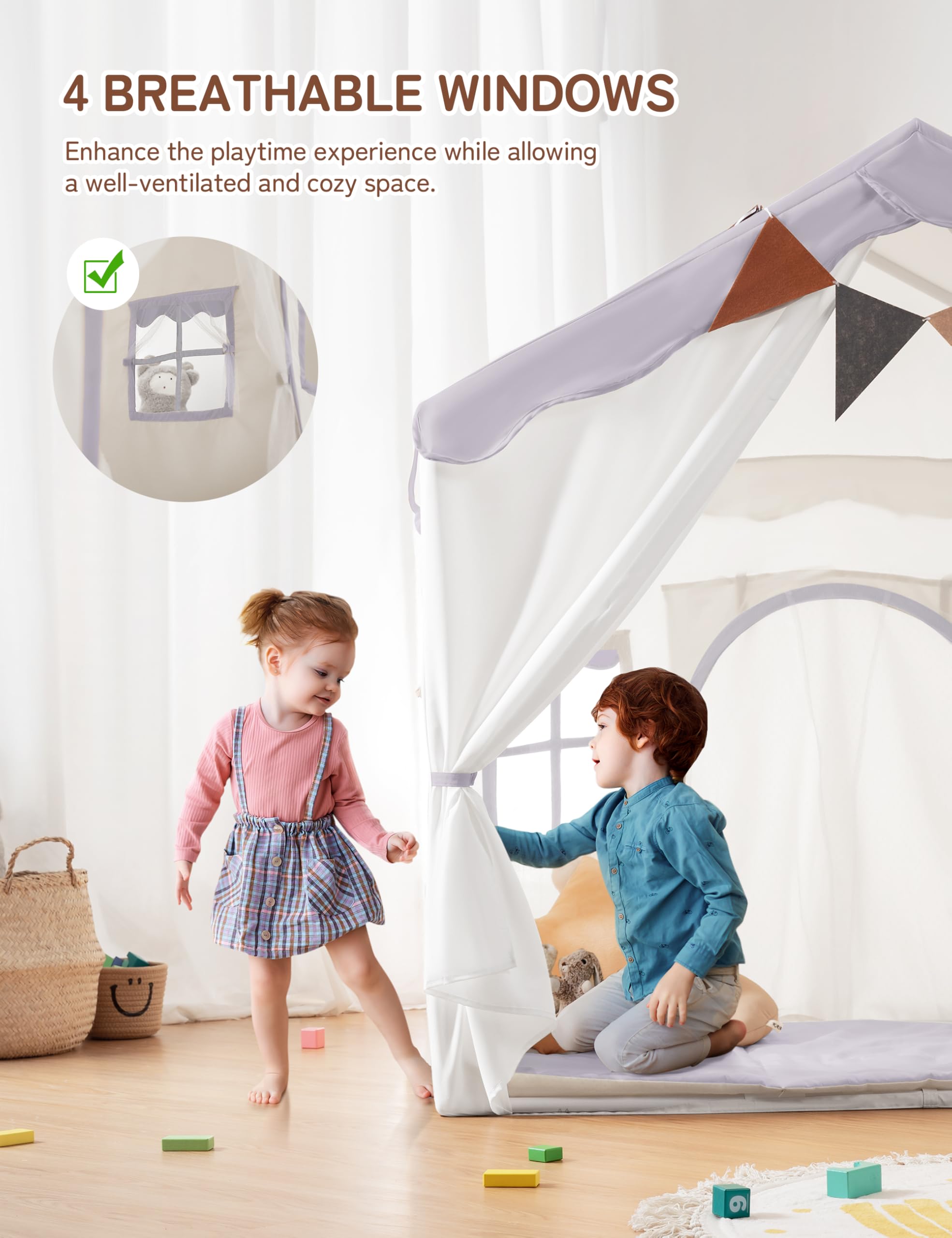 besrey 2 IN 1 Kinderzelt, Kinder Spielhaus Indoor mit Matte und Lichtern, Kinder Bettzelt,Spielzelt für Drinnen,Prinzessin Zelt, Kinderspielhaus, Kuschelecke Kinderzimmer Dekor ab 3 Jahre Lila