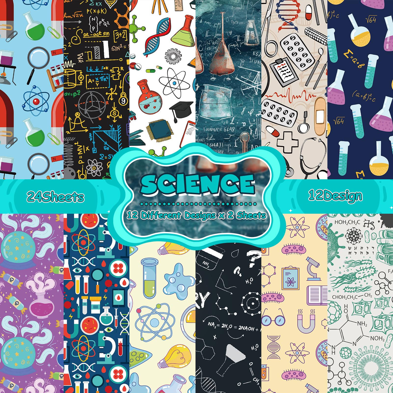24PCS Science Experiment Scrapbook Paper 6"x6" Science Experiment Specialty Scrapbooking Cardstock Paper Designer Paper Pads Junk Journal Craft Paper