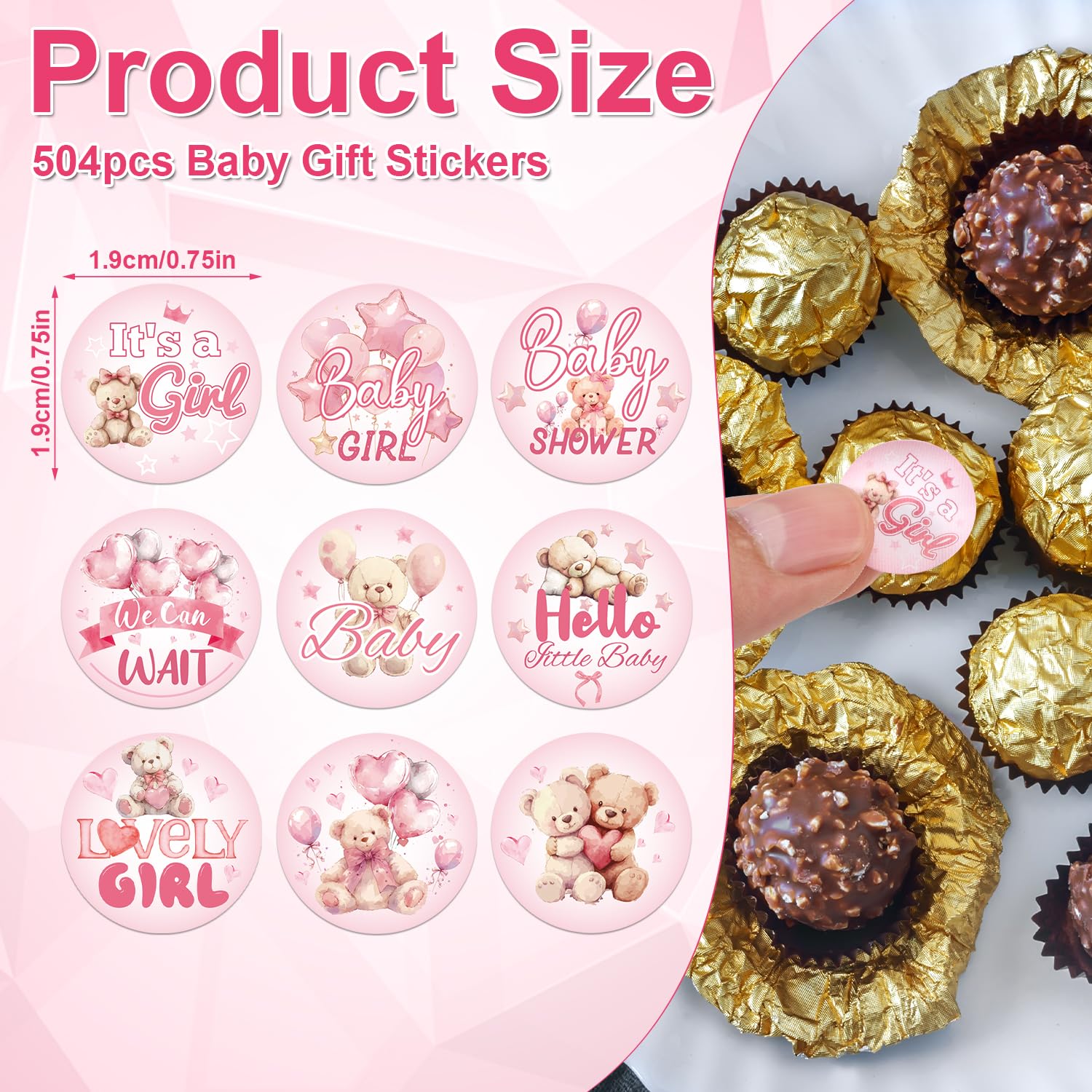 504pcs Fille Autocollants Baby Shower Pour Cadeaux, Rose Doux
