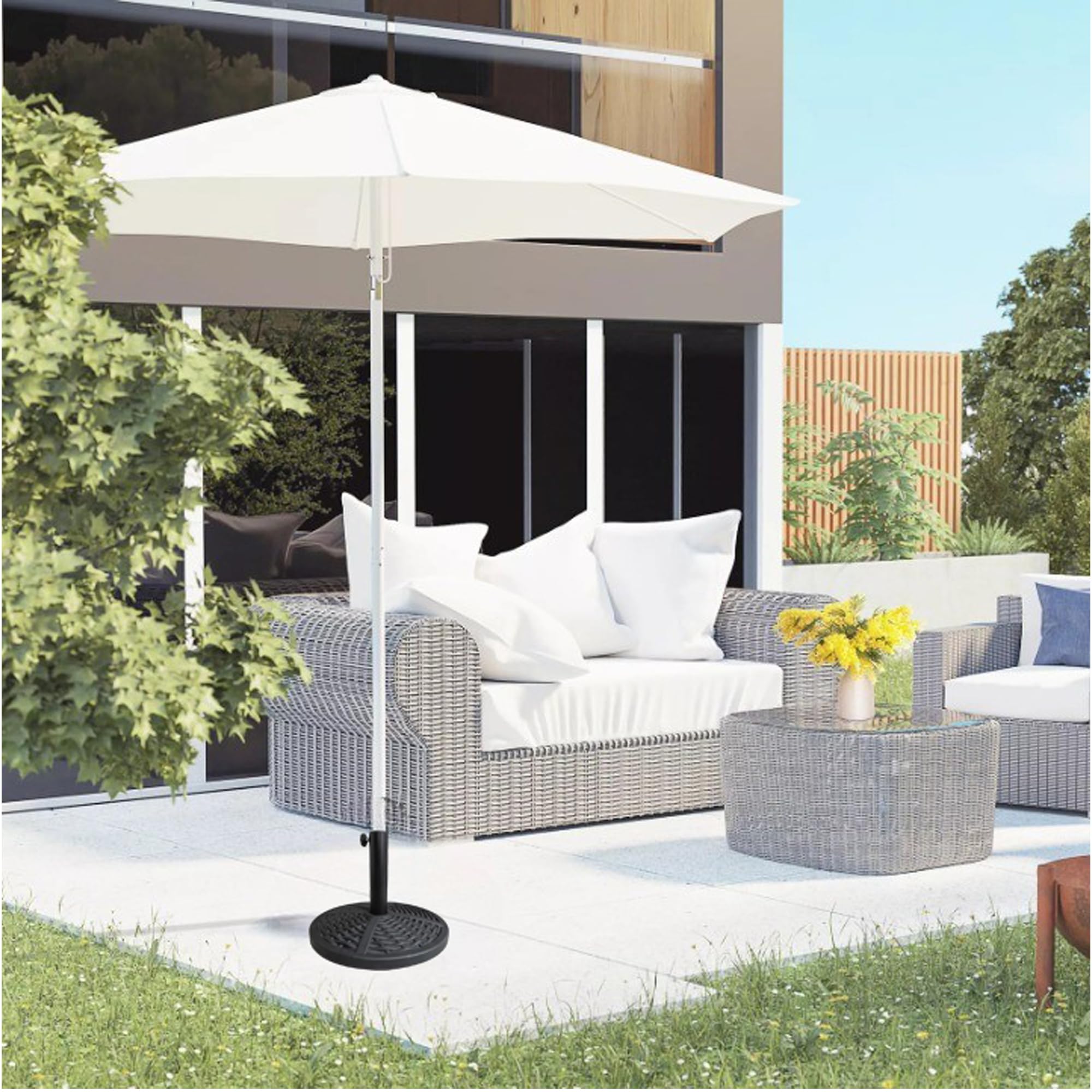 Base per ombrellone da giardino effetto rattan, 10 kg, con motivo a foglie, per mobili da esterno, ombrellone, gazebo, patio, tenda da sole, supporto per ombrellone con manopola regolabile H32 x D42,5
