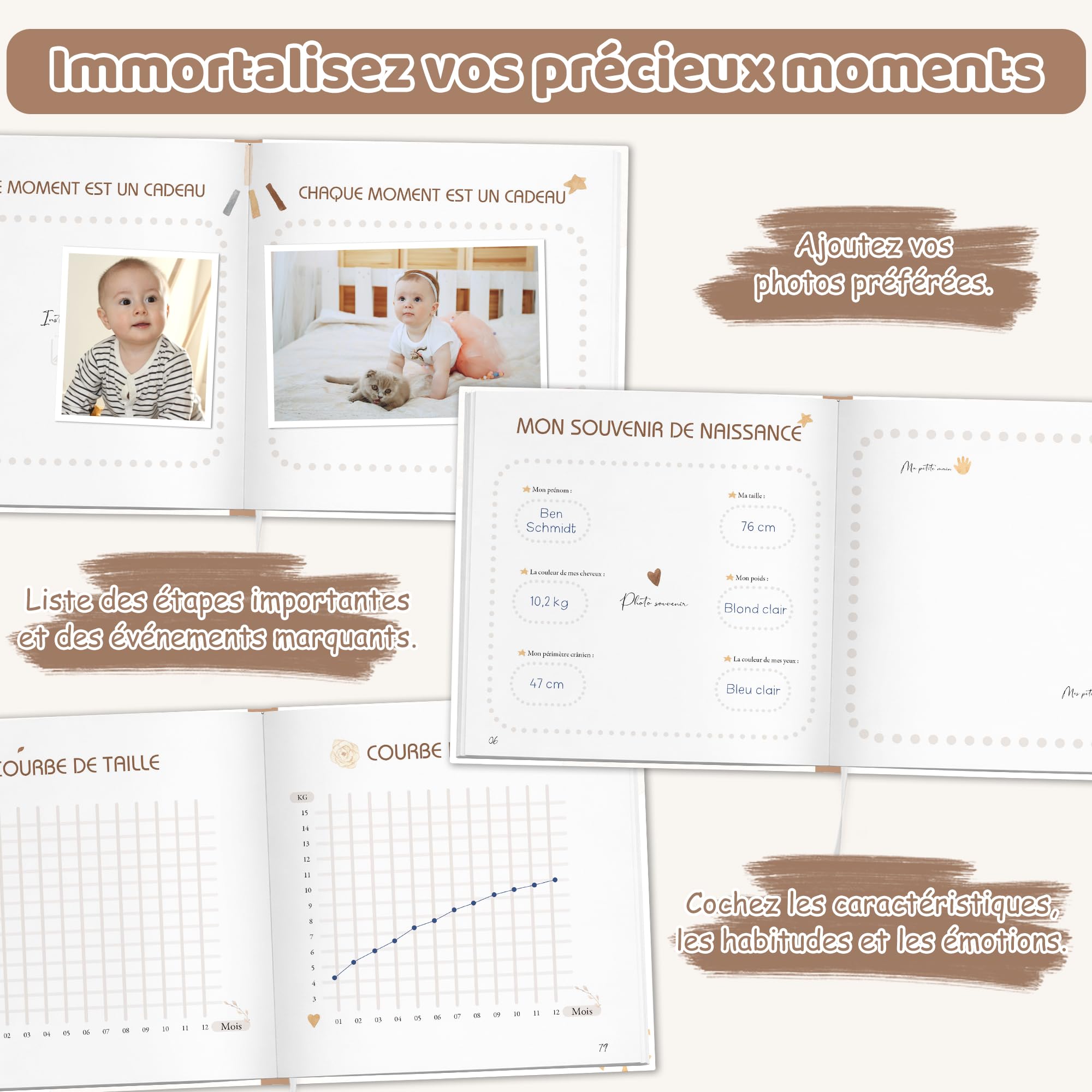 Hyggartn Livre de Naissance et Album Photo Bébé 84 Pages avec Autocollants - Journal à Remplir Photos et Textes, Cadeau Baptême Fille Garçon Fête Prénatale (Motif arc-en-ciel)