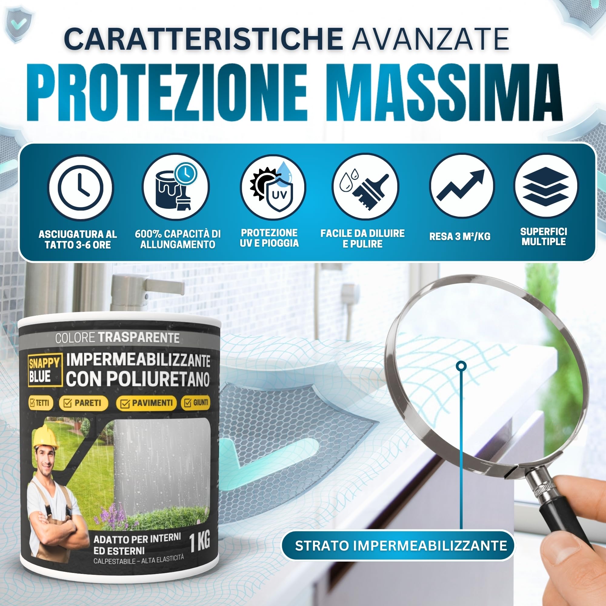 [2KG + SPAZZOLA] Impermeabilizzante Trasparente al Poliuretano, Sigillante Impermeabile per Perdite d’Acqua, Rivestimento Idrorepellente Definitivo e Invisibile per Tetti, Terrazze ed Esterni
