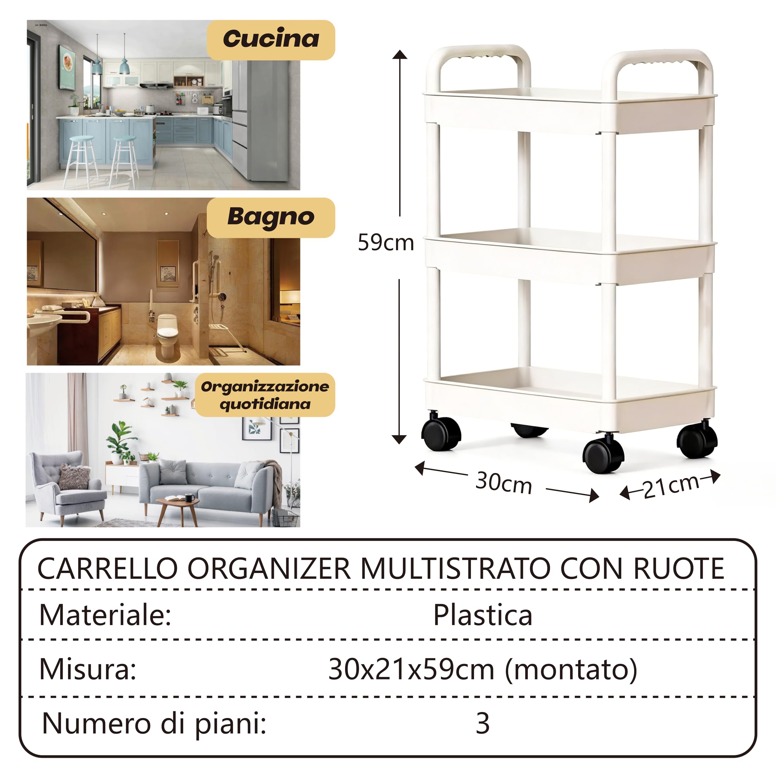 Carrello con Ruote a 3 Livelli,Carrello Portaoggetti con Rotelle,Salvaspazio Carrellino da Cucina,Ufficio,Bagno,Camera da Letto, Soggiorno (nero, 3)