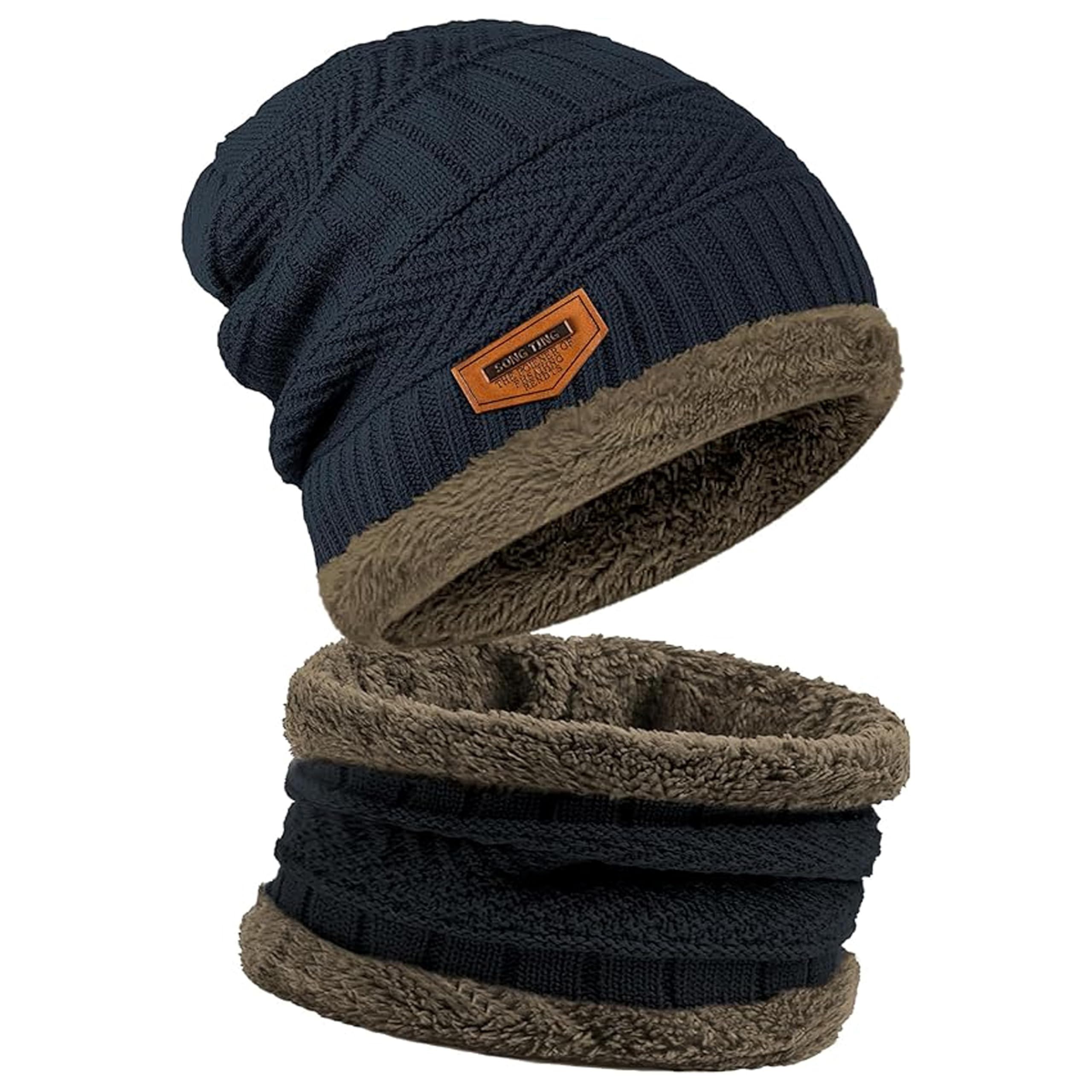 homzify Winter Hat Scarf Set Warm Thermal Knitted Beanie Cap Snood Neck Warmer Sports Soft Fleece Lining Elastic for Men & Women Fluffy Woolen Cap for Cold Weather Ski Outdoor Activities-picture-32
