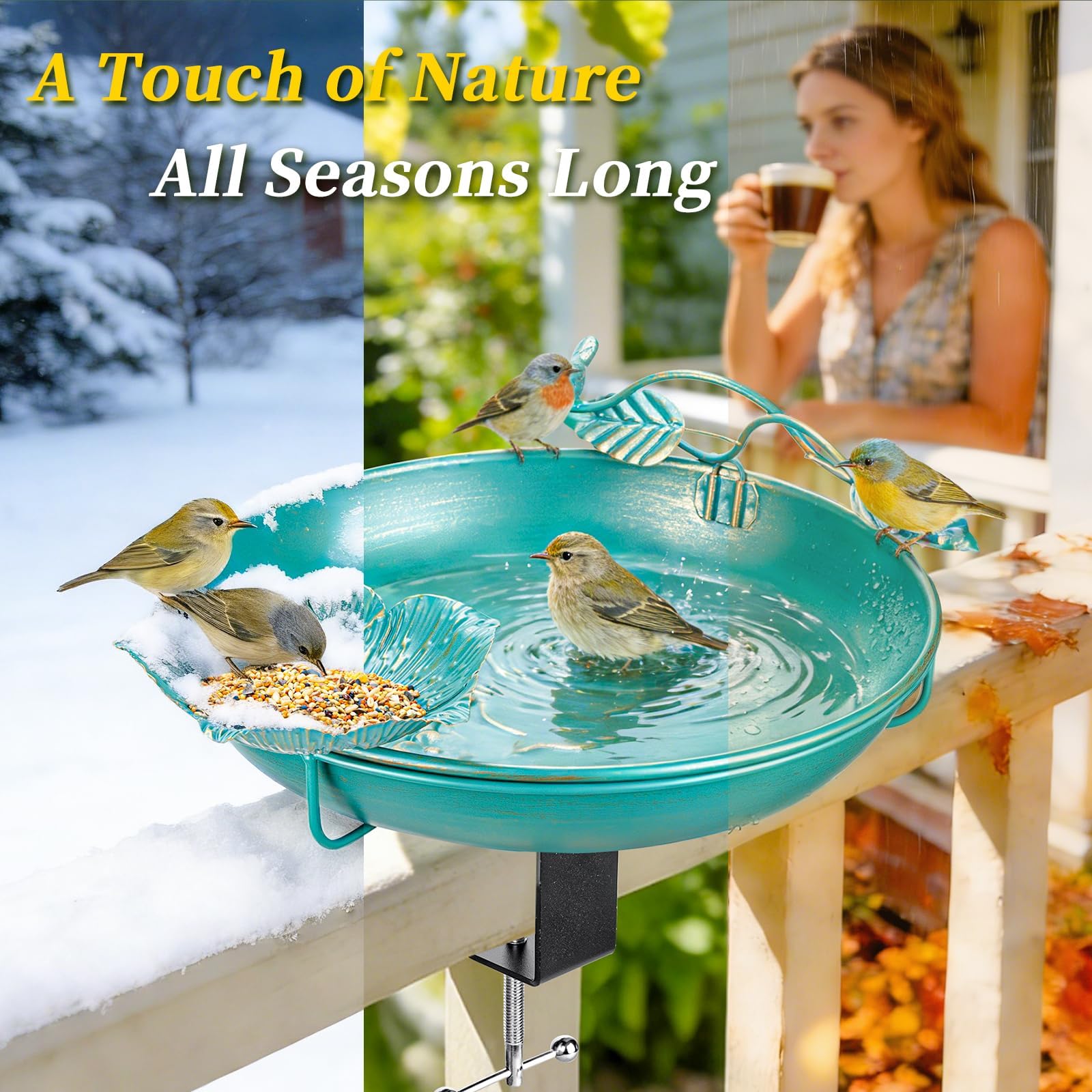 Mellbree Metal Bird Bath Deck Mounted, 12" Dia Lake Blue with Gold Gilding, Deck Mounted Fence Clamp Birdbath with Perch & Feeder Bowl, Detachable Multi-Functional Balcony Railing Bird Bath - image 4