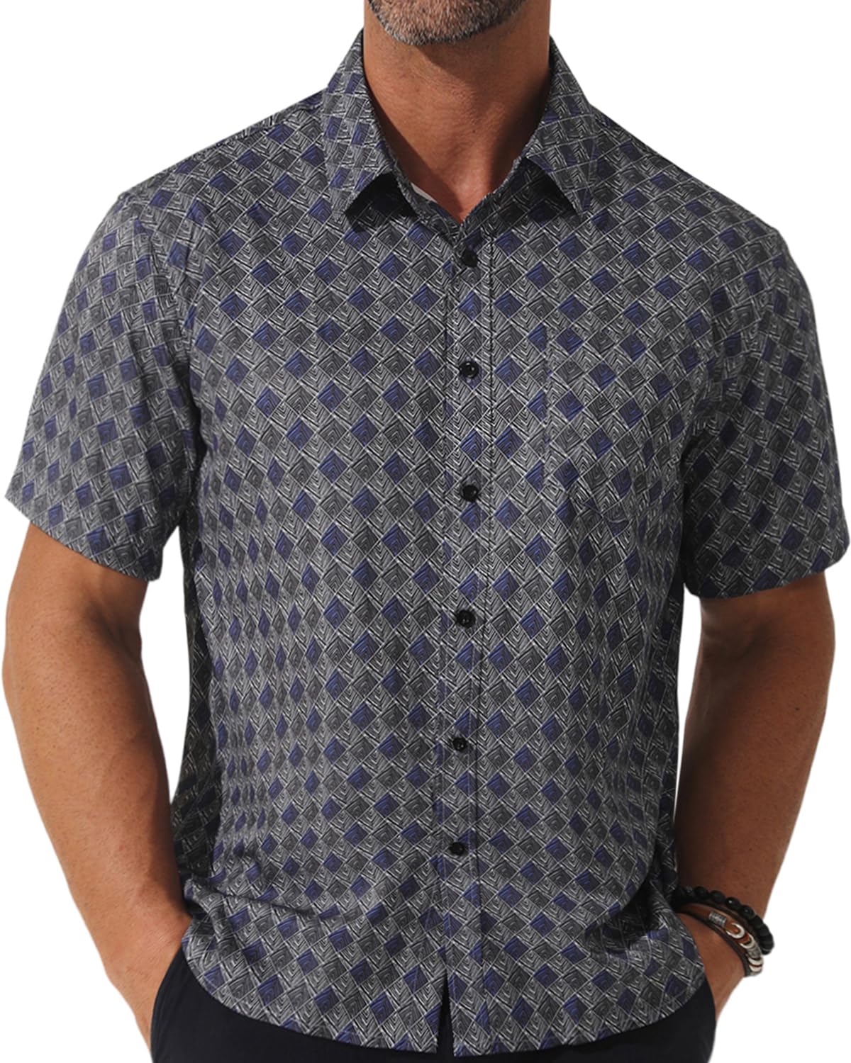 fohemr Mens Short Sleeve Casual Button Down Graphic Printed Shirt Summer Untucked Business Pattern Dress Shirts with Pocket