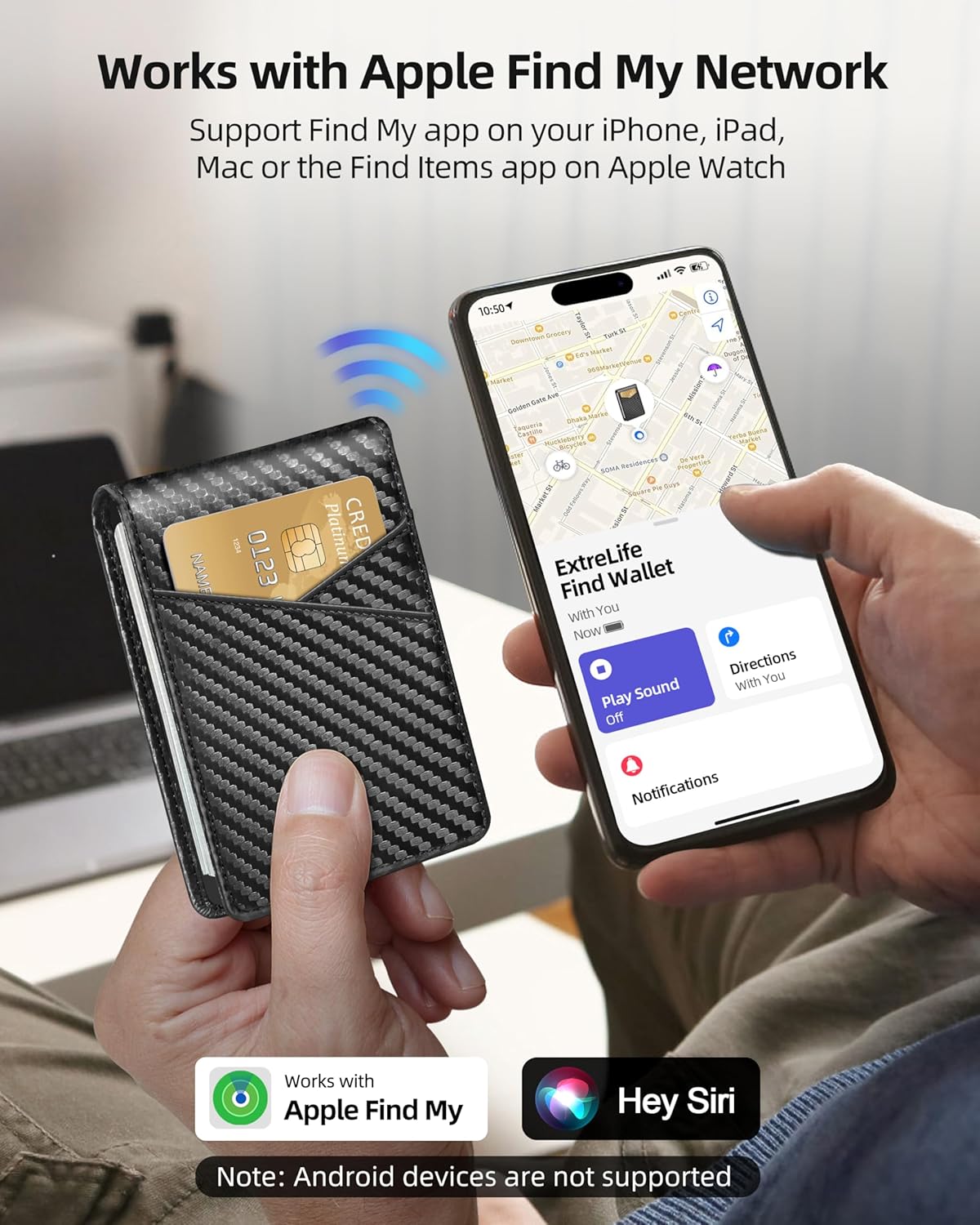 ExtreLife Mens Wallet with Smart Tracker, Leather Bifold Wallet, Works with Apple Find My, 10 Card Slots, Money Pocket, ID Window, RFID Blocking, GPS Wallet Tracker, Gift Box, Black Carbon Fiber - Image 2