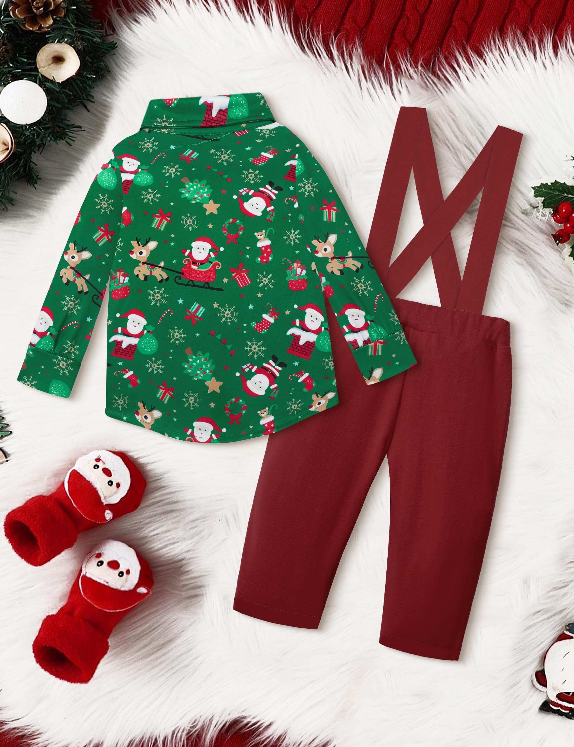 Weihnachtsoutfit für Babys, Kleinkinder, Jungen, Rentier, bedruckt, abnehmbare Schleife, Hemd, Oberteil, Hosenträger und Hose, Sets für Jungen