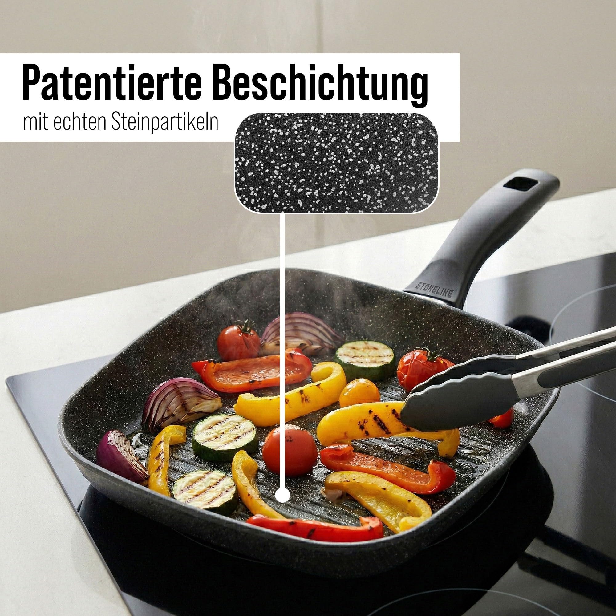 STONELINE Grillpfanne 26 x 26 cm, Aluguss, Antihaftbeschichtung mit echten Steinpartikeln, Große Pfanne Induktion backofengeeignet, Steakpfanne Eckige Pfanne, Schwarz