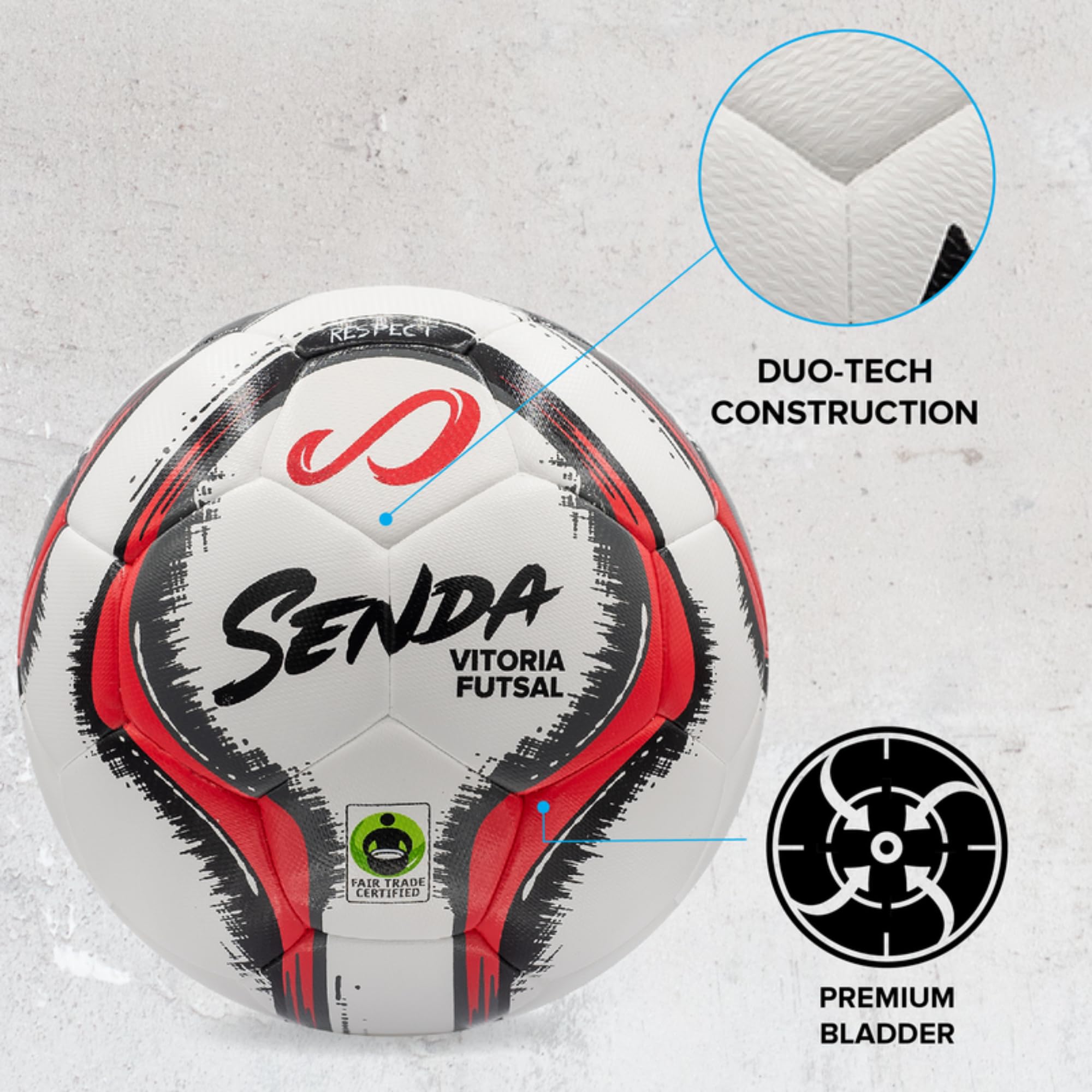 SENDA Vitoria Premium Match Ballon de futsal certifié commerce équitable Rouge/gris Taille 3 (8-12 ans)