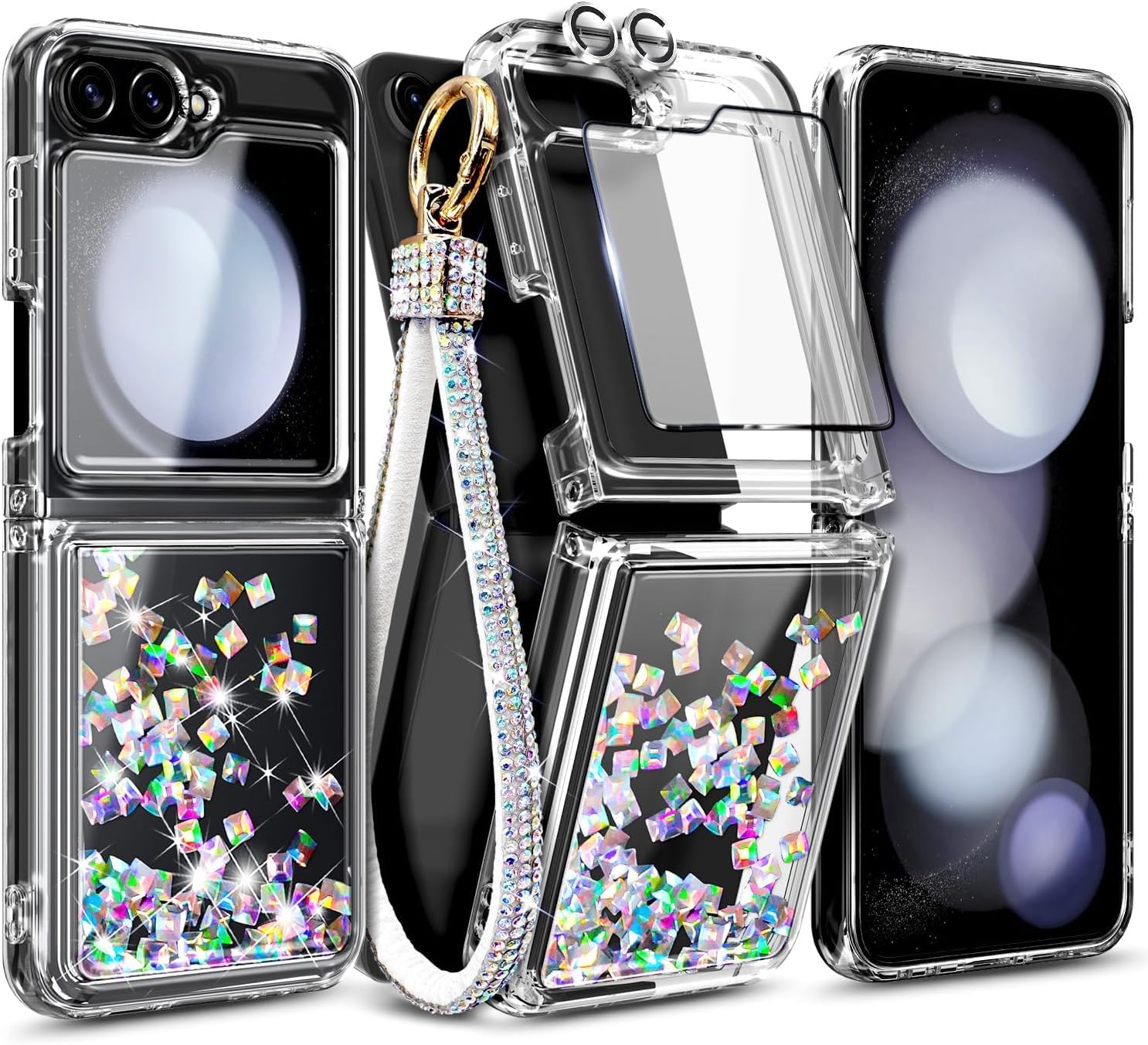 NGB Designed for Samsung Galaxy-Z-Flip-5 Case, Clear | Glitter Liquid Sparkle Cute Cover for Women Girls | with Tempered Glass Screen Protector &