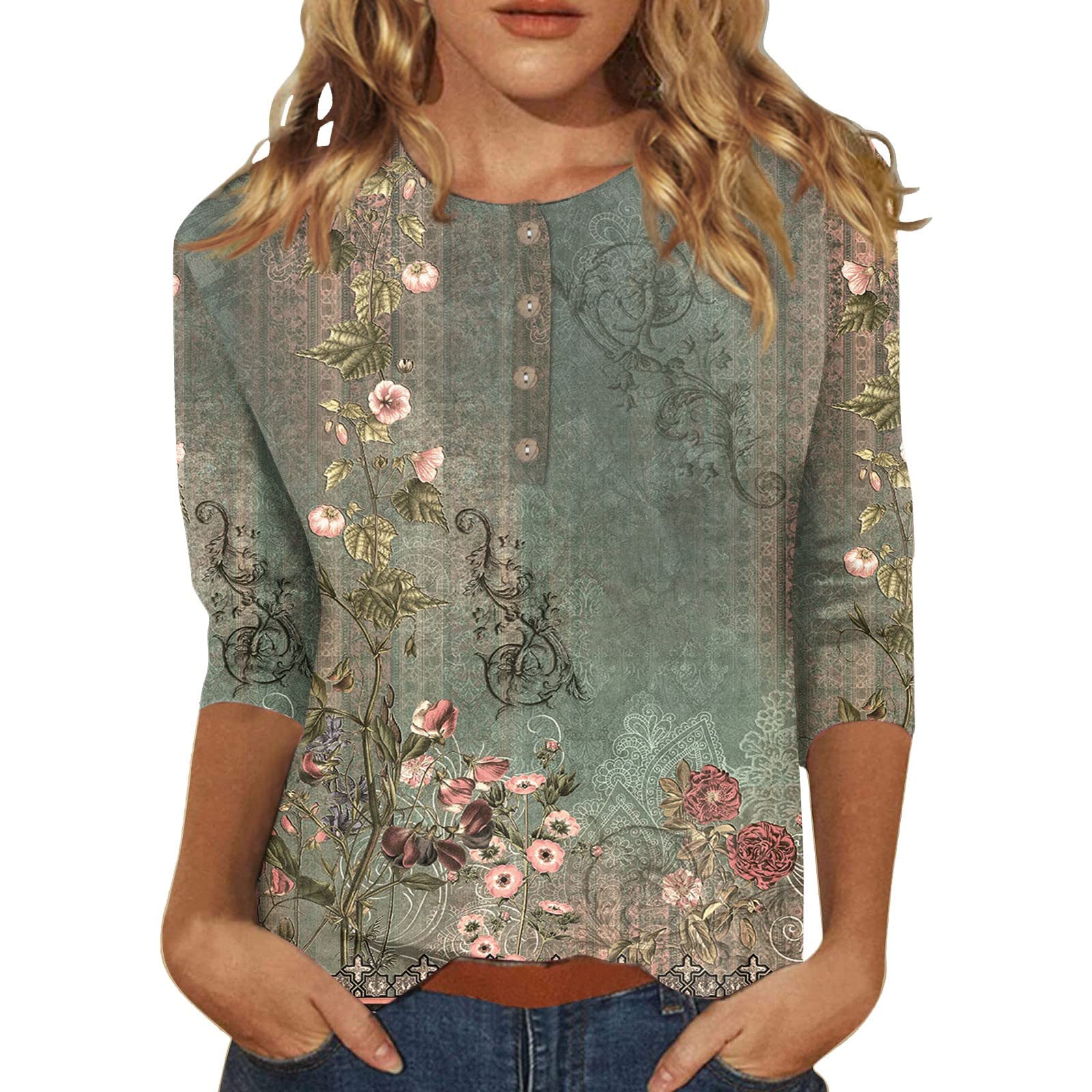 GenericWomens Tops 2023 Dressy Casual 3/4 Sleeve Button Up Blouses Floral Work Shirts