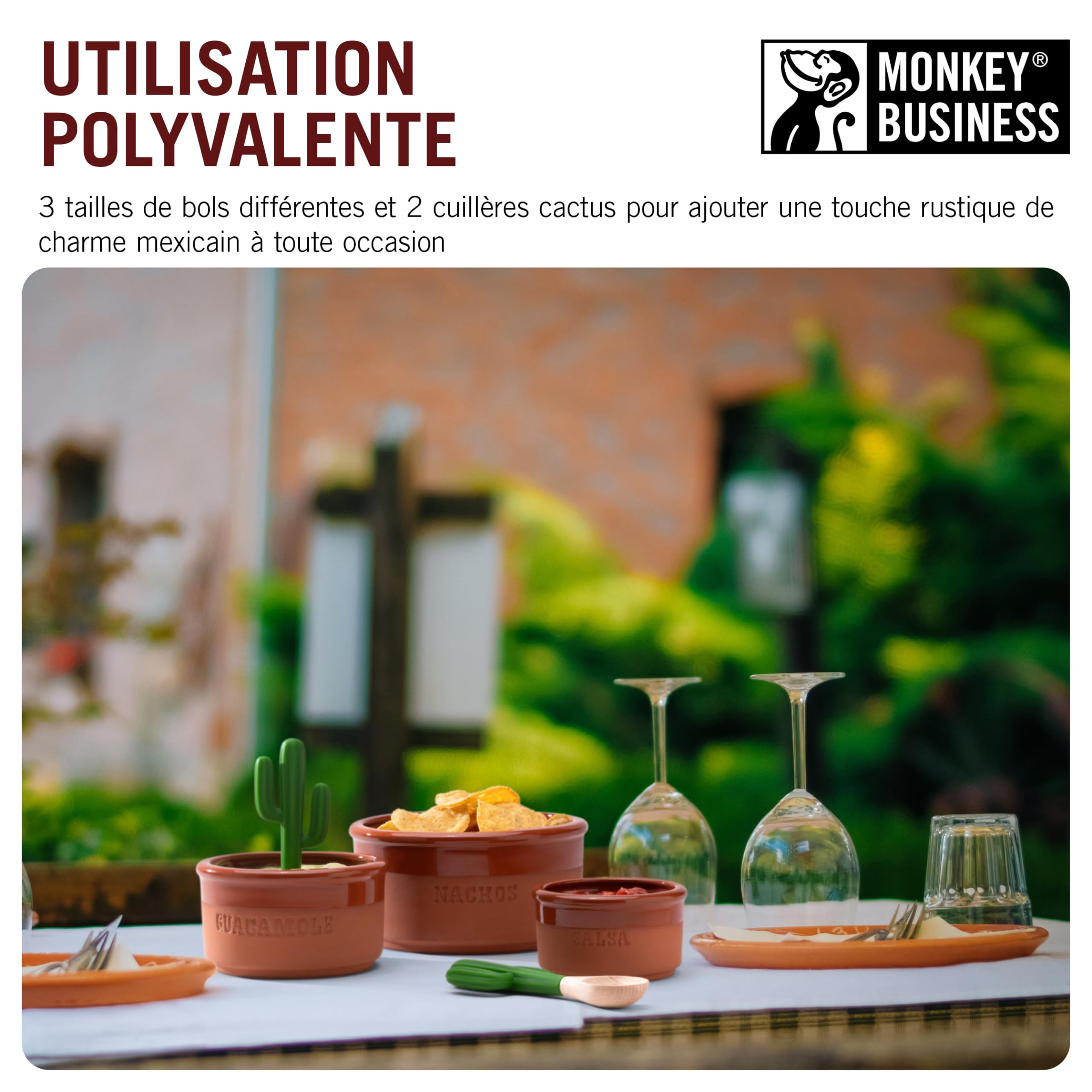 Monkey Business Bowlero : Kit de Bols en Terre Cuite pour Trempettes Mexicaines, Guacamole, Salsa et BBQ - 3 Bols à Soupe + 2 Cuillères