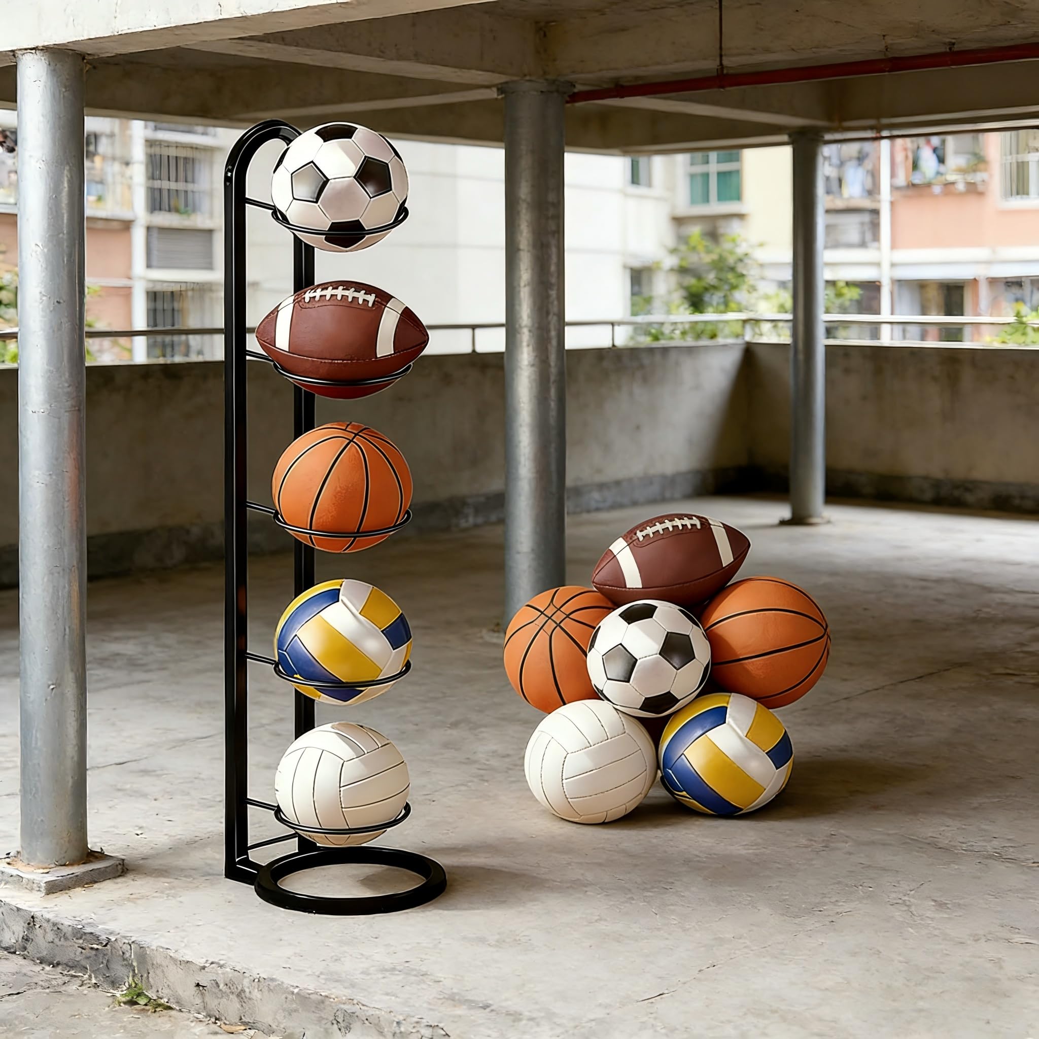 Soporte para pelotas de fútbol, baloncesto y más – Soporte de bola de metal de 5 niveles negro