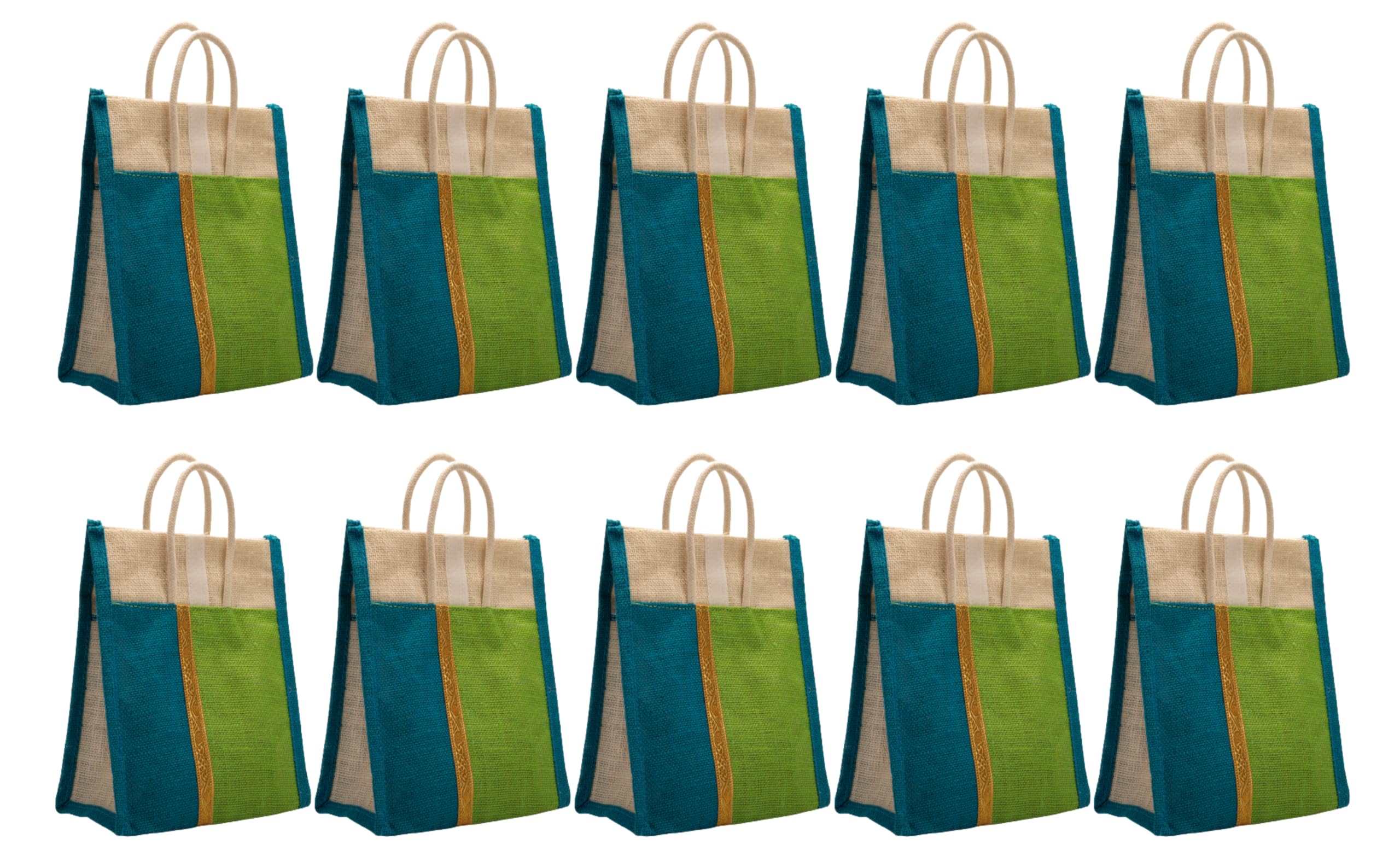Soman Jute Thamboolam (Large) Bags for Return Gifts Green-Blue Combo - Pack of 10 bags