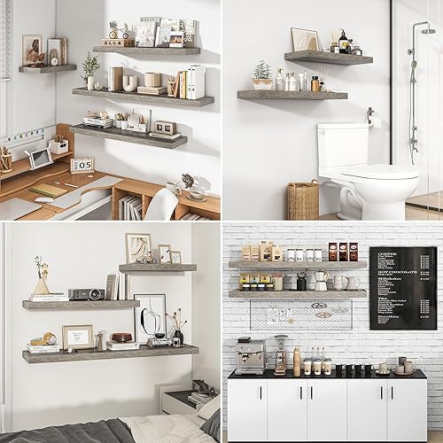 Miniatura 7 de RICHFOCUS Estantes flotantes de 16 pulgadas para pared, paquete de 2 estantes para dormitorio, cocina, baño, estante flotante de madera rústica con