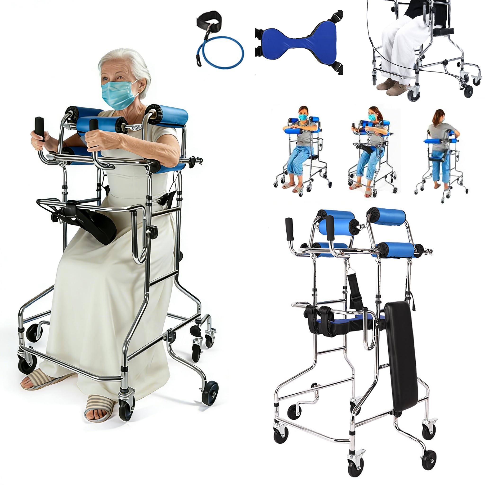 Andador plegable, con asiento, Bipedestador de Rehabilitación Ajustable con 8 Ruedas, Ayuda a la Movilidad para Caminar Ligero, Rollator para Ancianos, Discapacitados