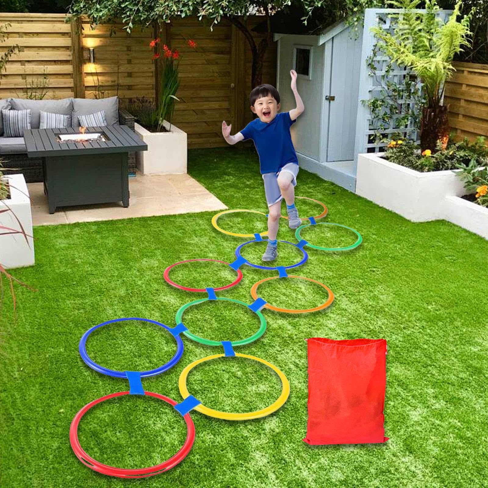 10 Pezzi Anelli per Campana, Cerchi per Campana creativi per Ragazzi e Ragazze, Set da Gioco per Saltare, Lancio di Sacchetti di Fagioli per Giardino, 28 Cm