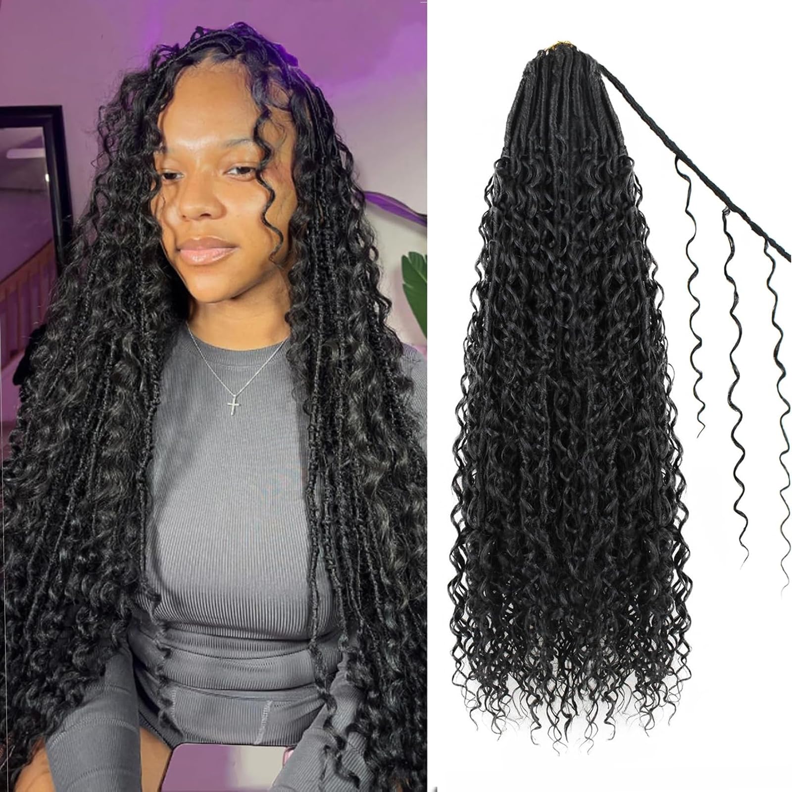 Enbeautiful Boho Faux Locs Crochet Hair 24 Inch 9 Packs Pre-Looped Goddess Locs with Curly Ends