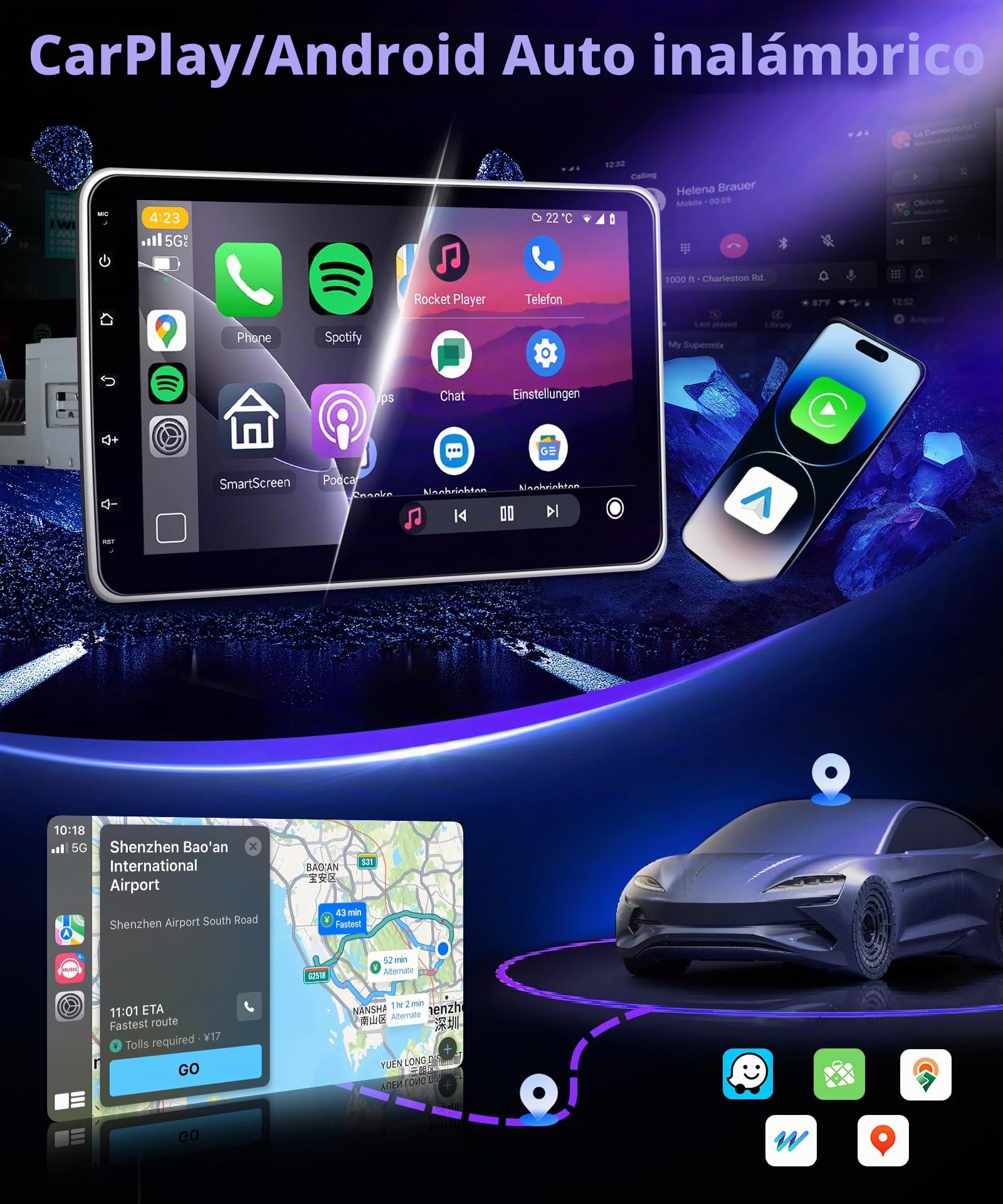 VECHTEL 4G+64G Android 15 Radio Coche Bluetooth con Carplay Android Auto Inalámbrico, Autoradio 1 DIN con Pantalla Táctil Giratoria de 10'' HD con Bluetooth FM RDS GPS Wi-Fi Enlace Espejo USB Cámara