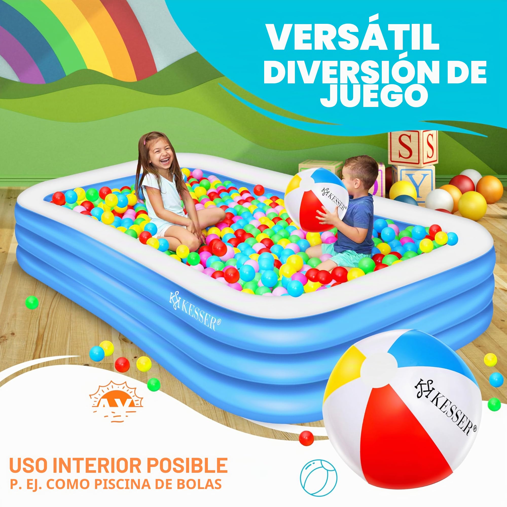 KESSER® Piscina Familiar Inflable para Niños y Adultos, de Jardín y Verano, 240 x 142 x 56 cm, 613 Litros, con Agujeros de Drenaje