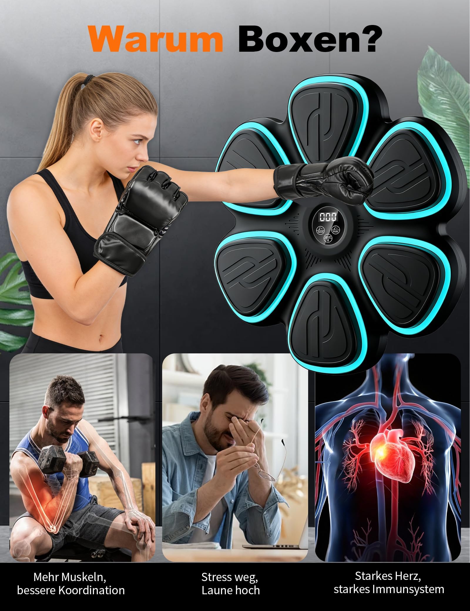 Music Boxing Machine, Smart Musik-Boxmaschine mit Bluetooth & RGB-Lichtern, 9 Modi & 9 Geschwindigkeiten, LED-Zähler, große Schlagfläche, inkl. Boxhandschuhe, Für Erwachsene & Kinder, Zuhause