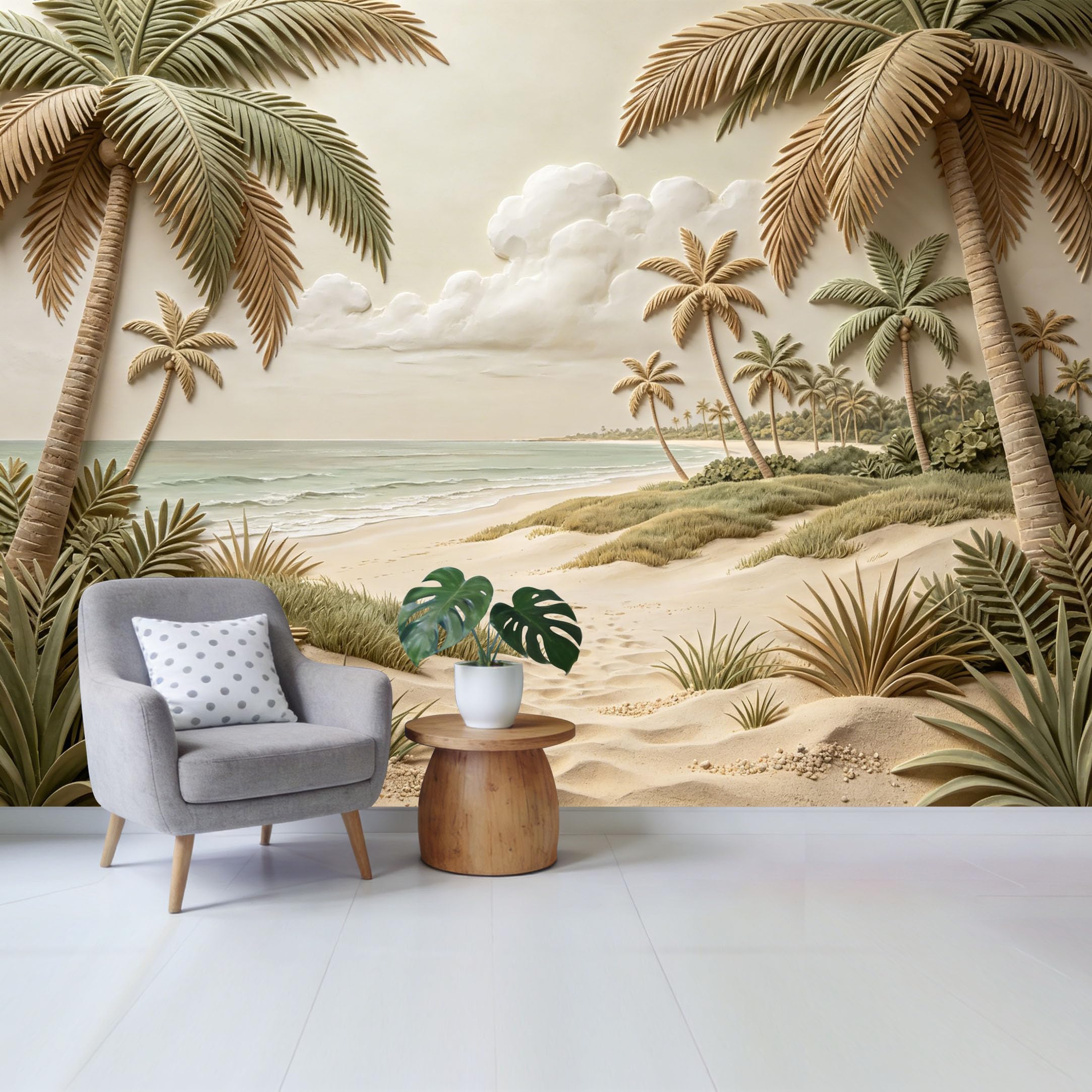 Qzlithotic Yq2605250567 Custom Size Wall Mural 3D Relief Tropical Palm Beach Landscape Coastal Textured Art Selfadhesive Wall Fabric Removable Wallpaper For Home Office Decor