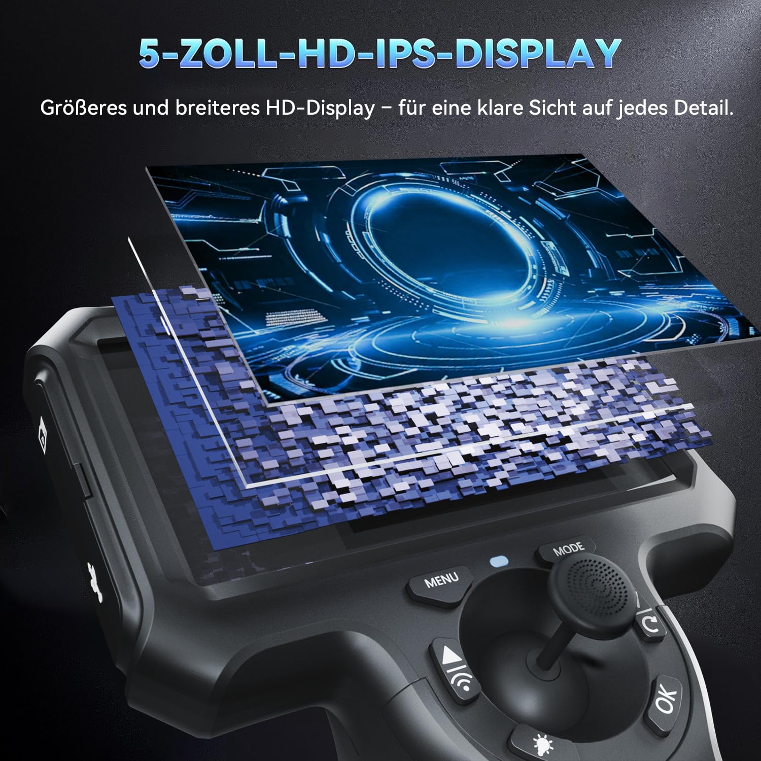 Ralcam Endoskopkamera mit Licht, 360° beweglichem Kopf, 5" HD Display | 6,2mm Inspektionskamera, 6 Einstellbaren LEDs, 32GB Speicherkarte, IP67 Wasserschutz, Für Rohr- und Motorinspektionen