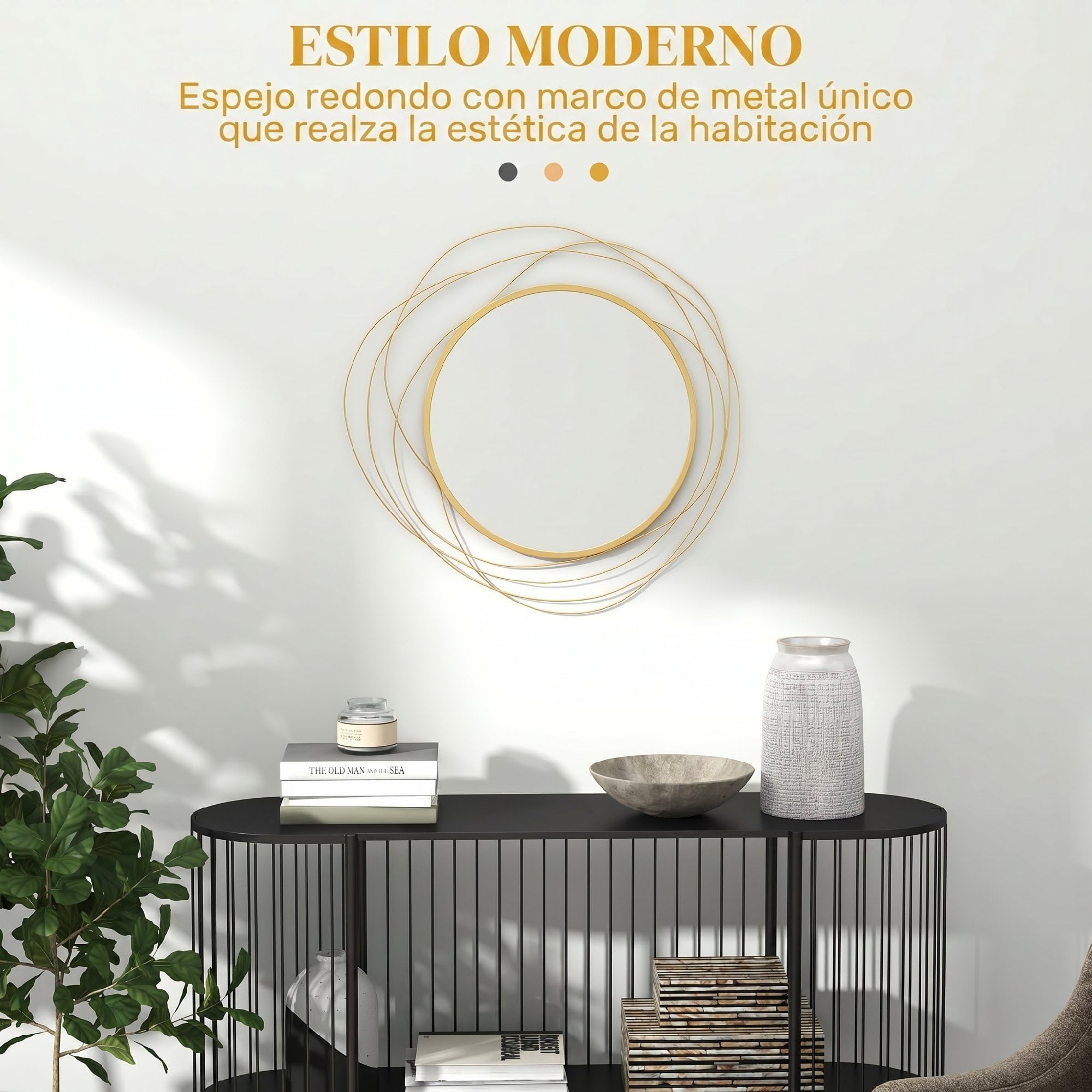 HOMCOM Espejo Decorativo de Pared Adorno de Pared Metálico Ø65 cm Dorado | con Ganchos, para Salón, Dormitorio, Pasillo