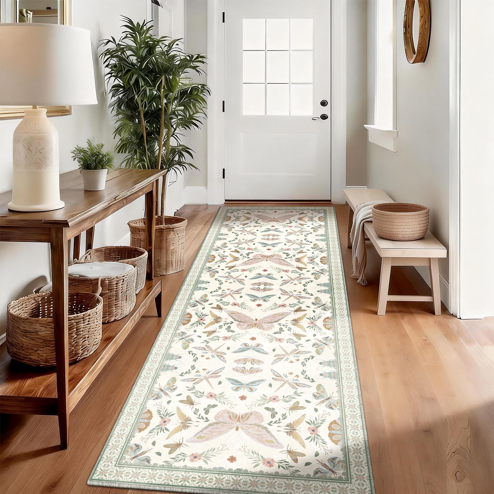 SOANNY Runner Rug for Hallway, 80x300 cm Extra Long Butterfly Low Pile Carpet, Non Slip Washable Area Mat for Bedroom Dorm Teen Kitchen Entryway Utility Beside Sofa Office, Ivory Sage โ image 1