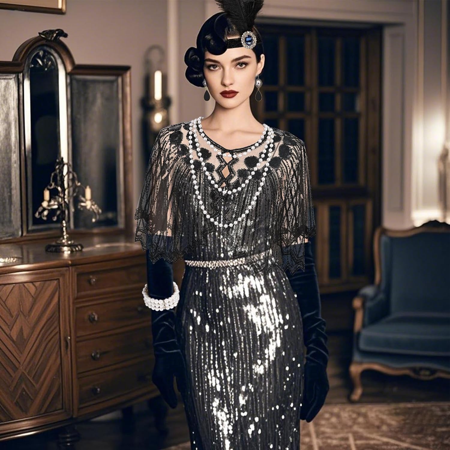 Women 1920s Flapper Set,Roaring 20s Headband Headpiece Costume Accessories for Halloween Party Cosplay - Image 7