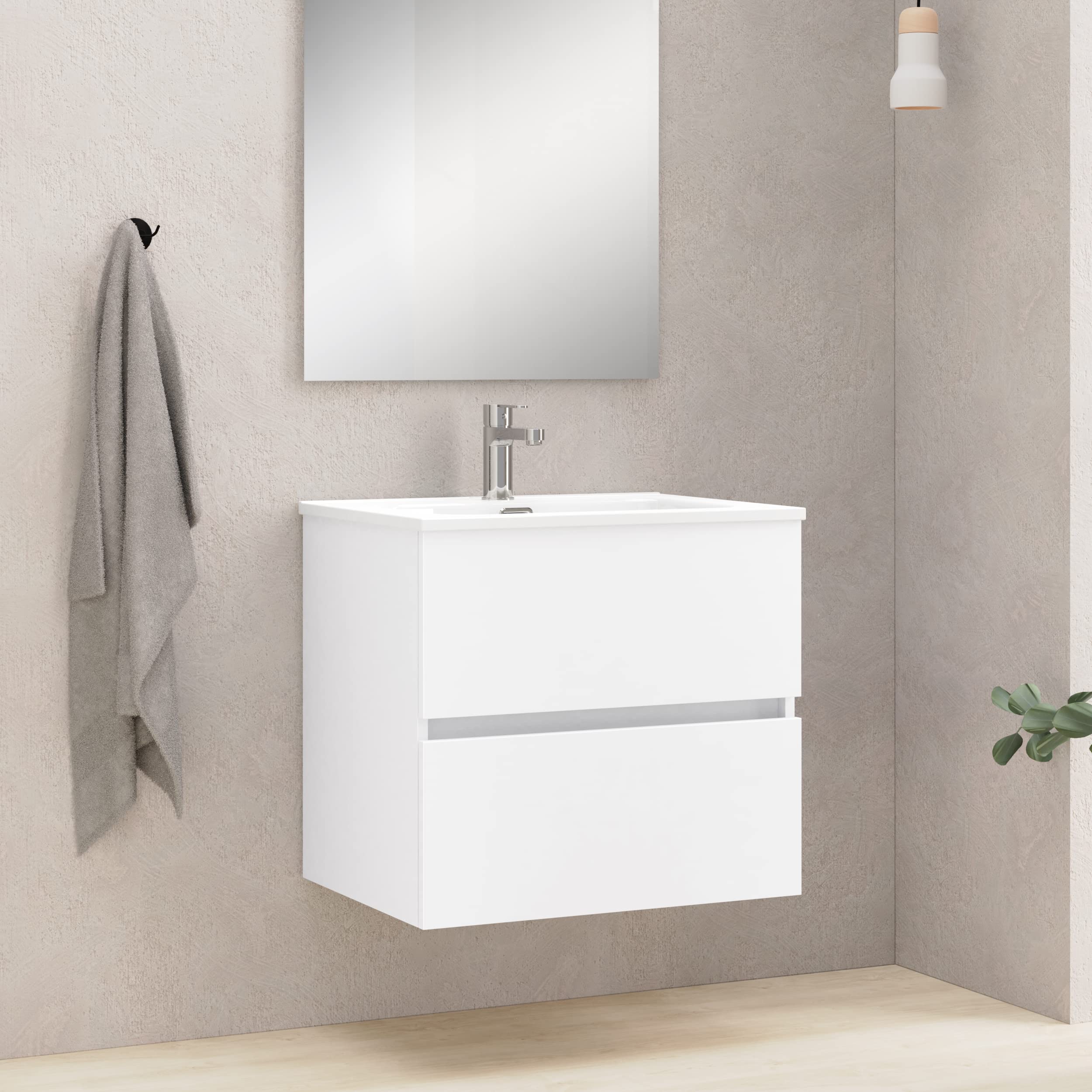 Baikal Bagno Onyx, 2 cassetti, sospeso a Parete, con lavabo in Ceramica. Mobile Montato, Melamina 16, 69, Bianco, 60 cm